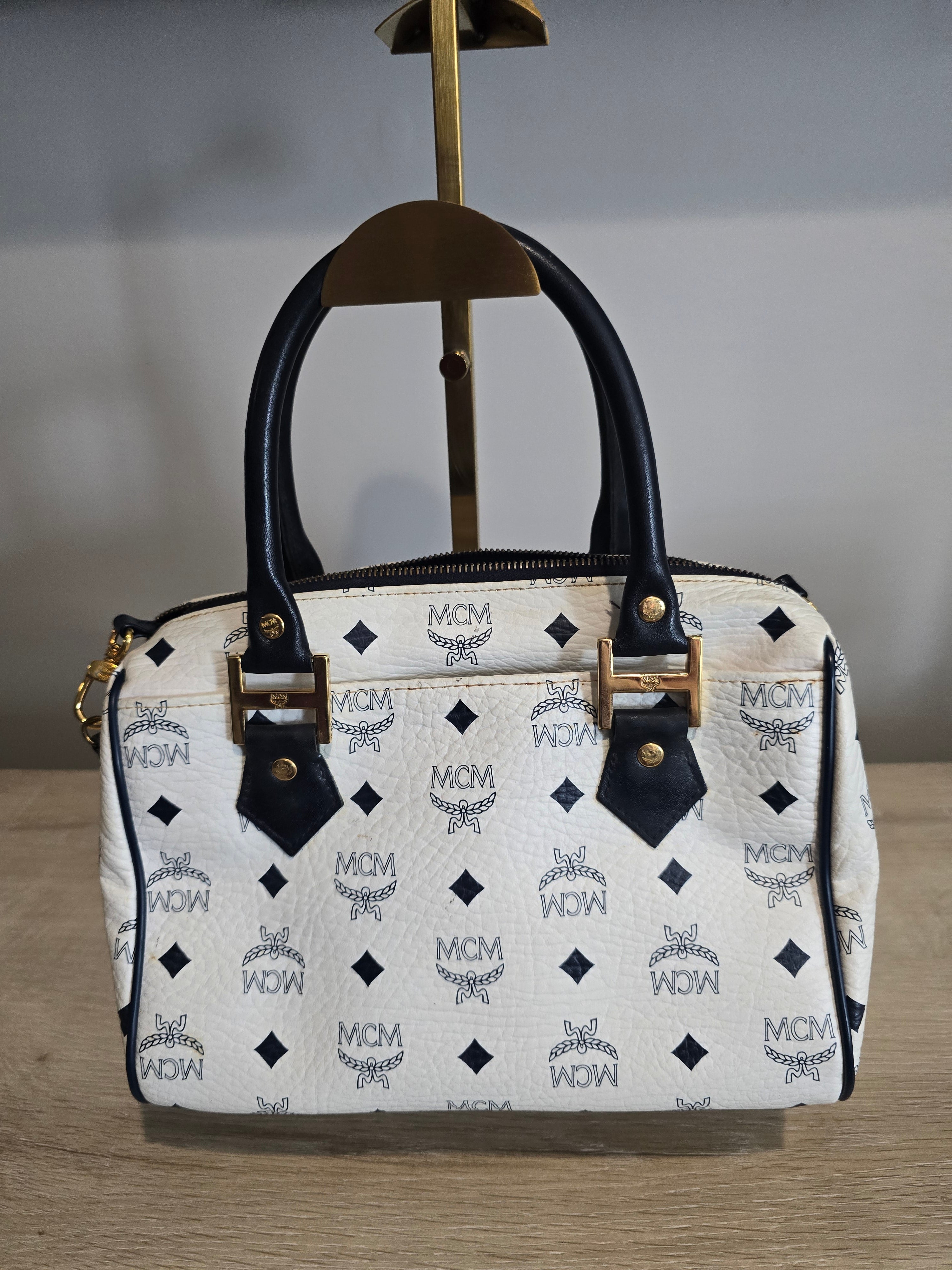 MCM Visetos Boston Bag — White & Black Monogram