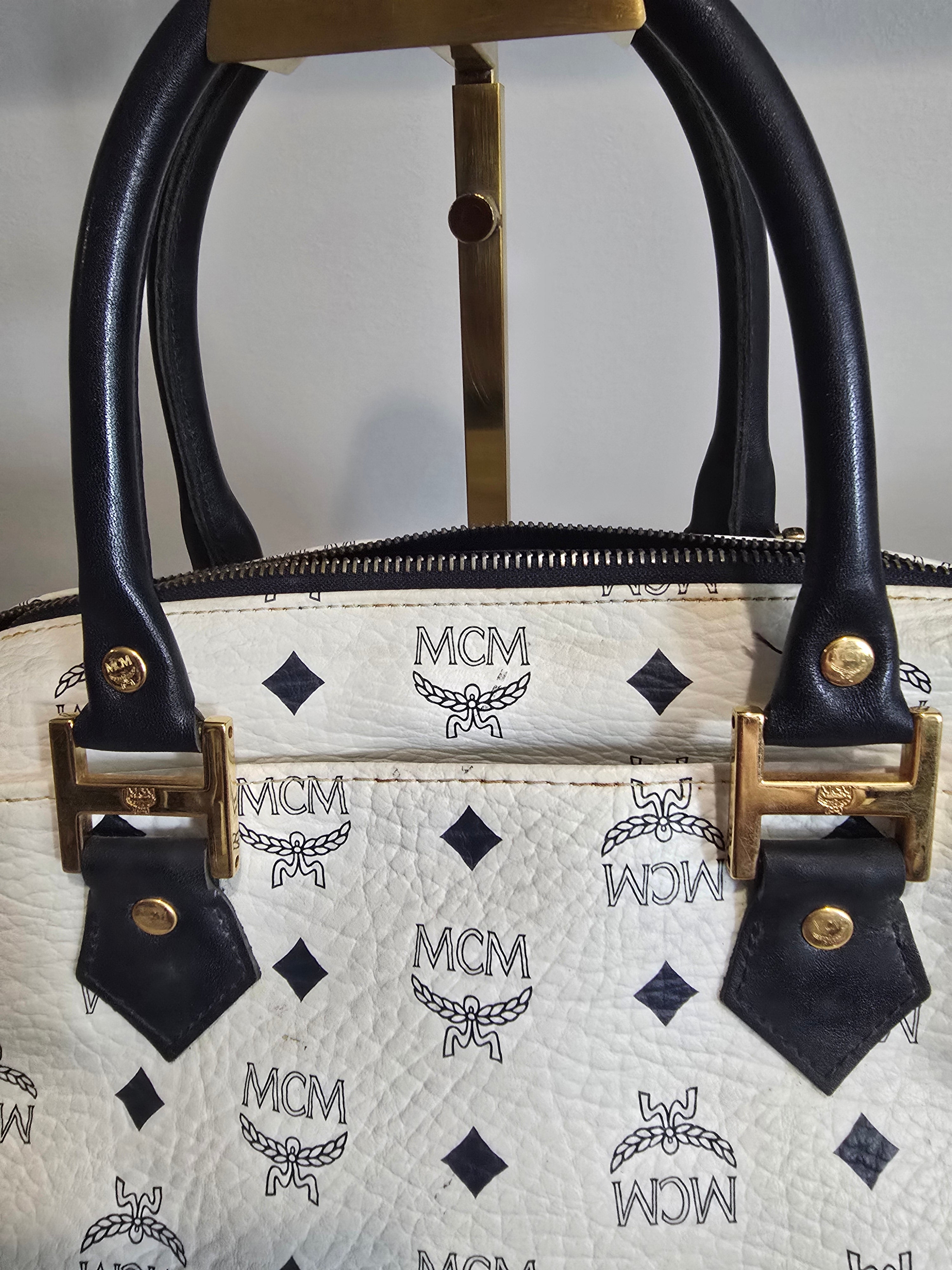 MCM Visetos Boston Bag — White & Black Monogram