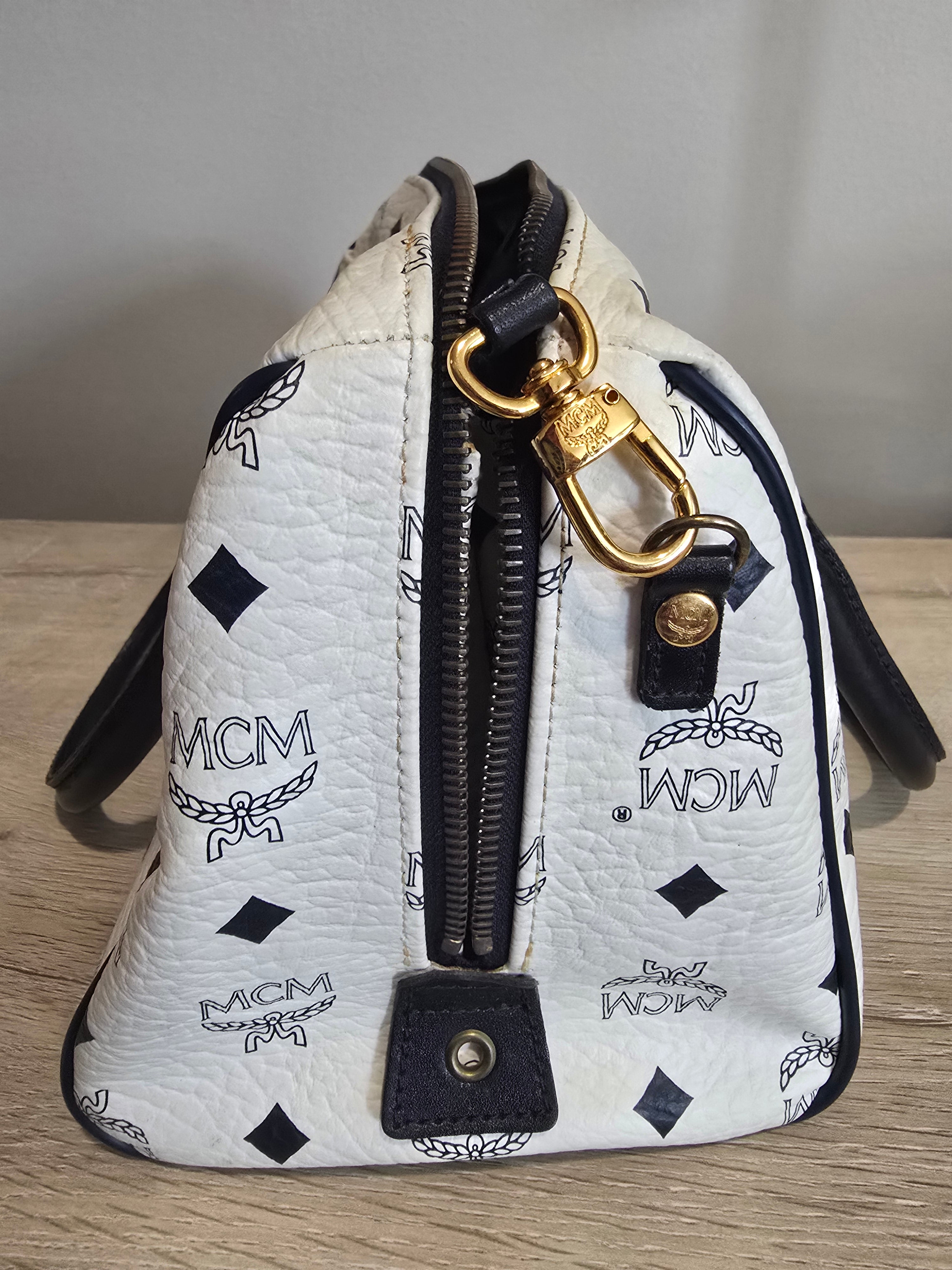 MCM Visetos Boston Bag — White & Black Monogram
