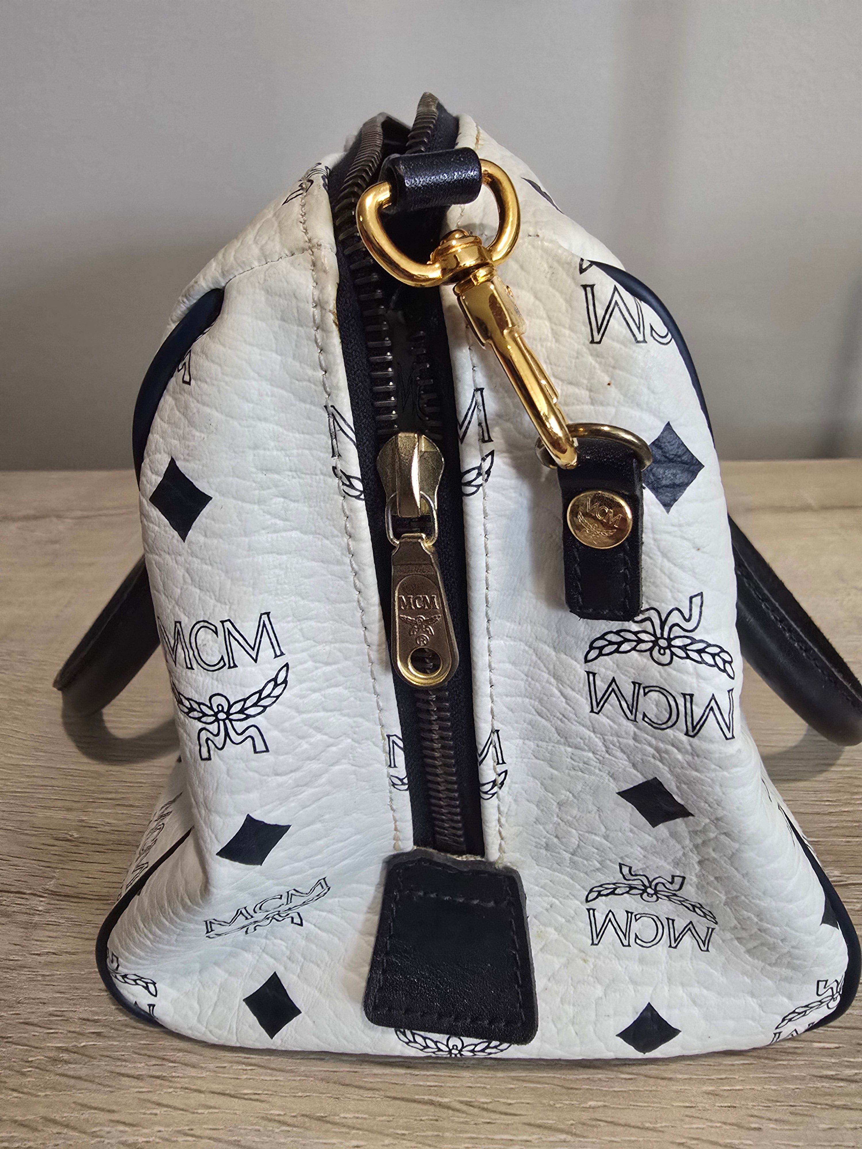 MCM Visetos Boston Bag — White & Black Monogram