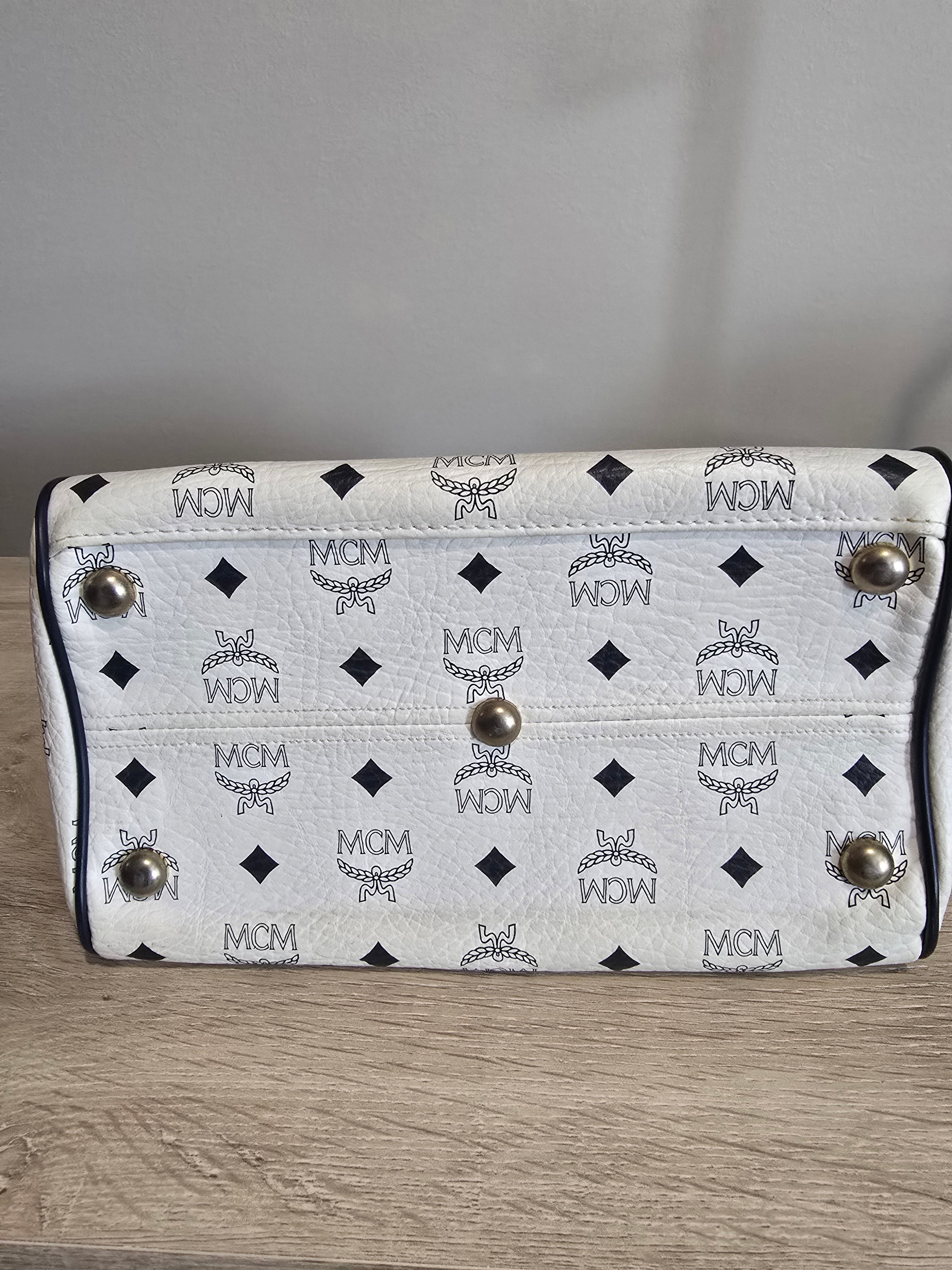 MCM Visetos Boston Bag — White & Black Monogram