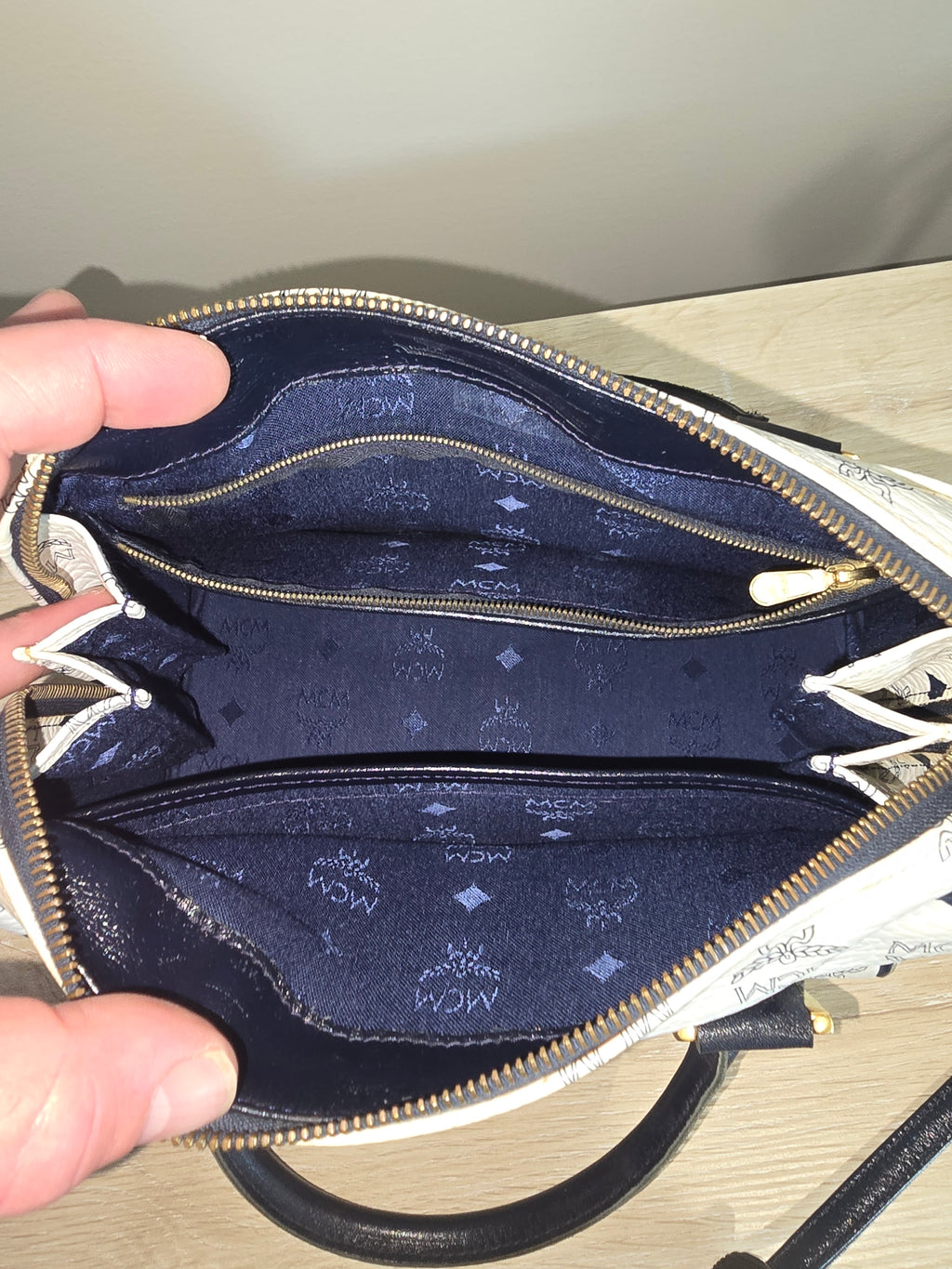 MCM Visetos Boston Bag — White & Black Monogram