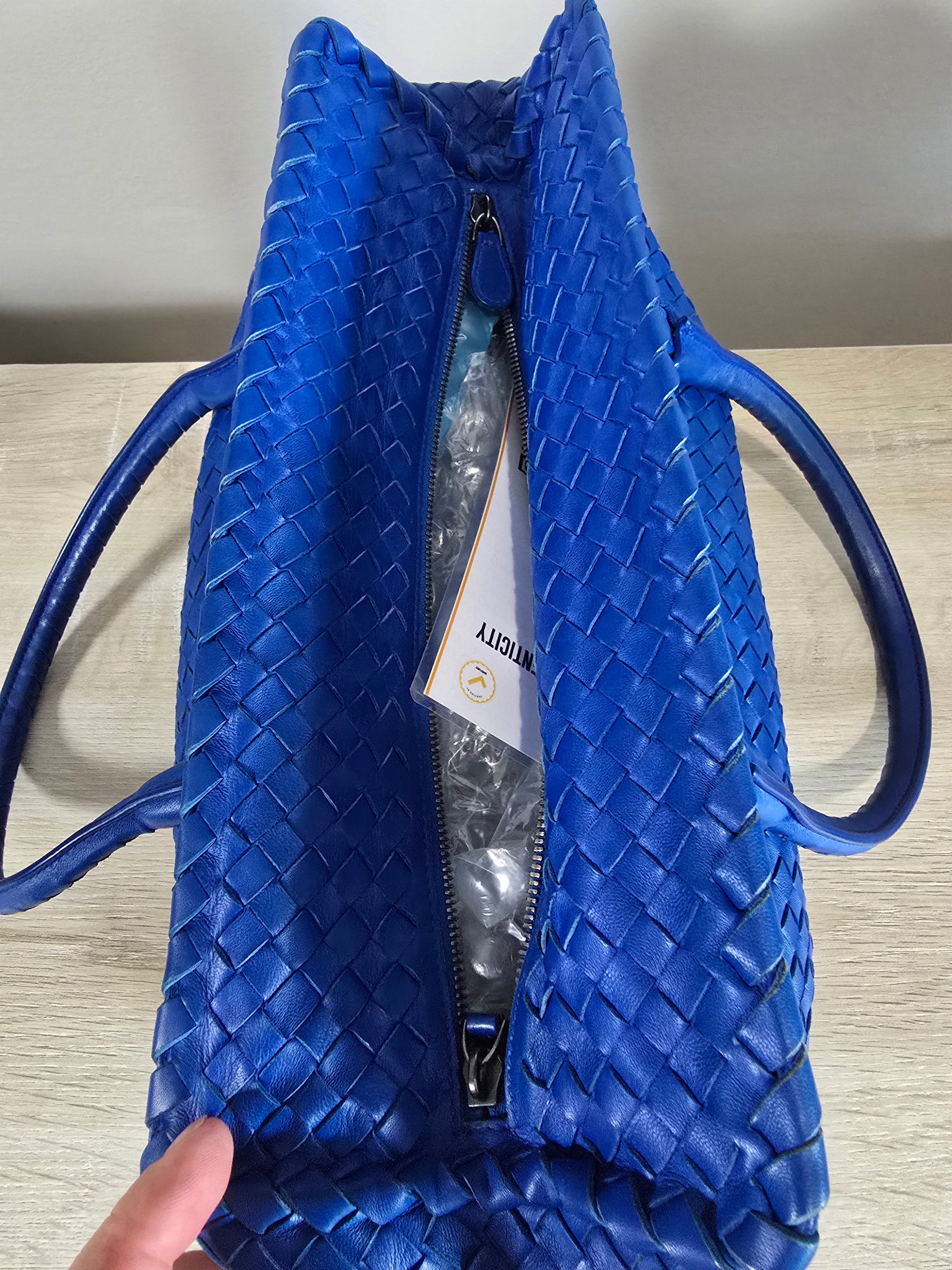 Bottega Veneta Blue Intrecciato Woven Leather Brick Tote