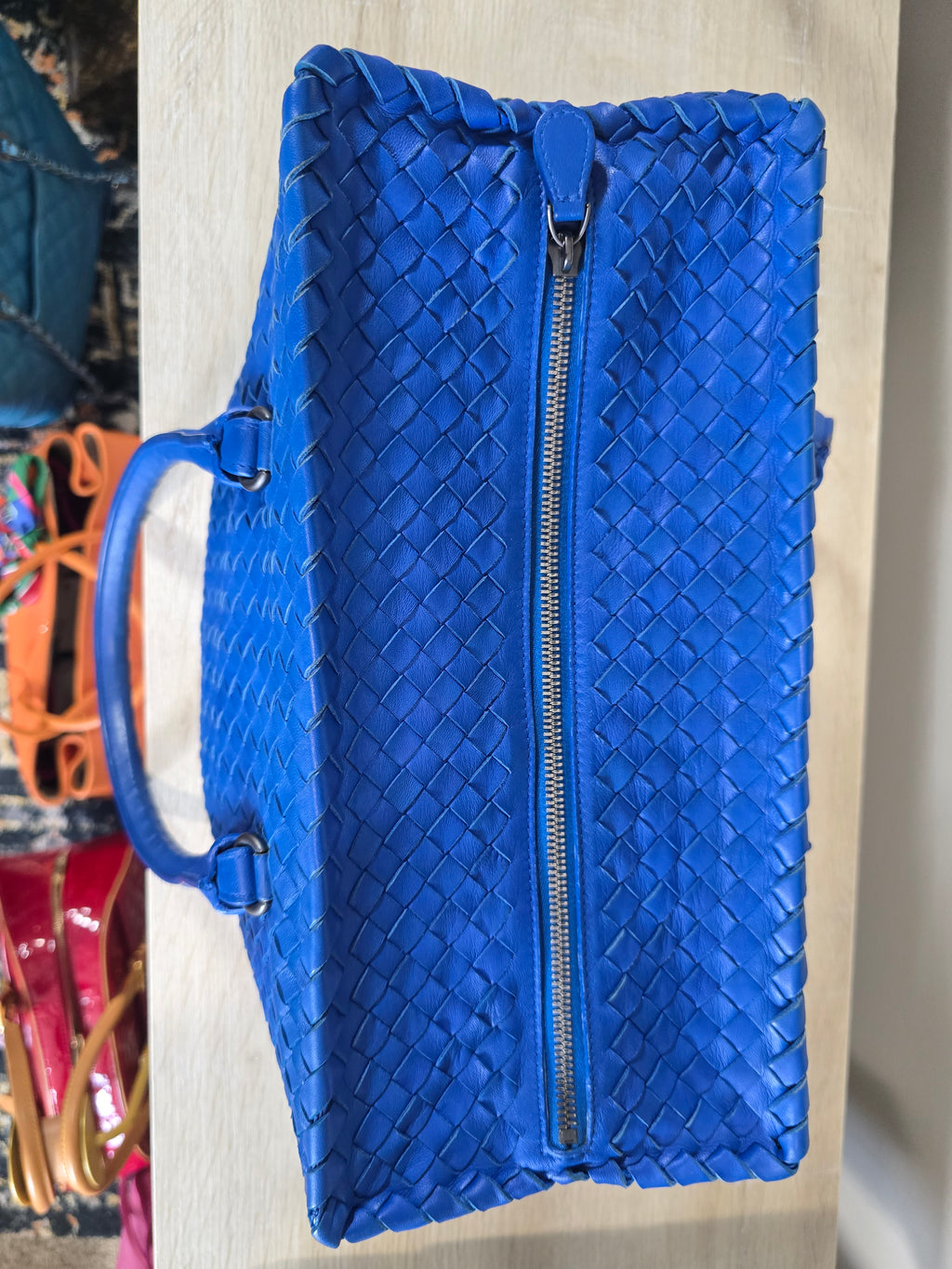 Bottega Veneta Blue Intrecciato Woven Leather Brick Tote