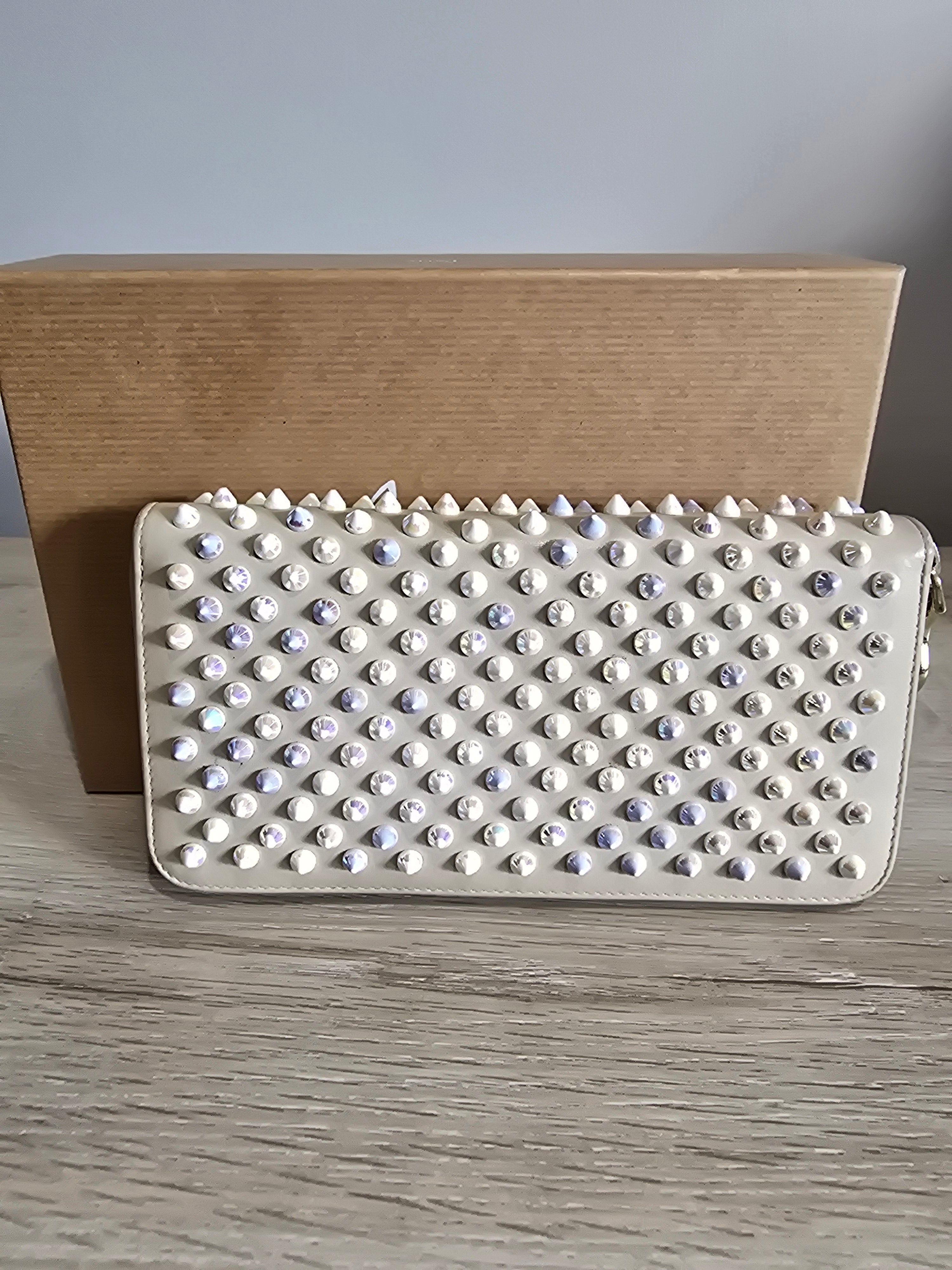 Christian Louboutin Panettone Off White Leather Zip Wallet Iridescent Studs