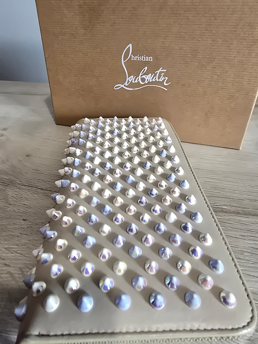 Christian Louboutin Panettone Off White Leather Zip Wallet Iridescent Studs