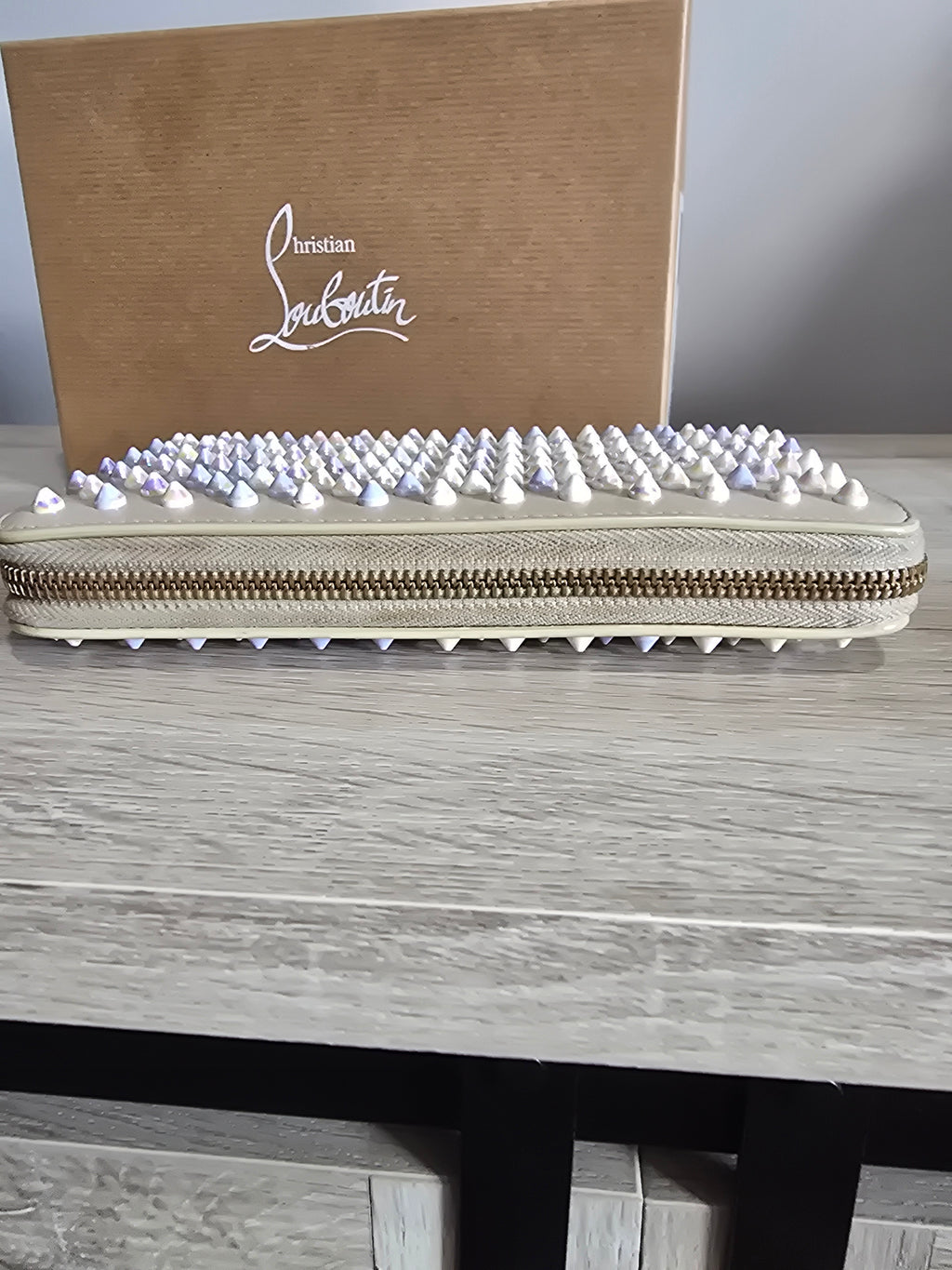 Christian Louboutin Panettone Off White Leather Zip Wallet Iridescent Studs