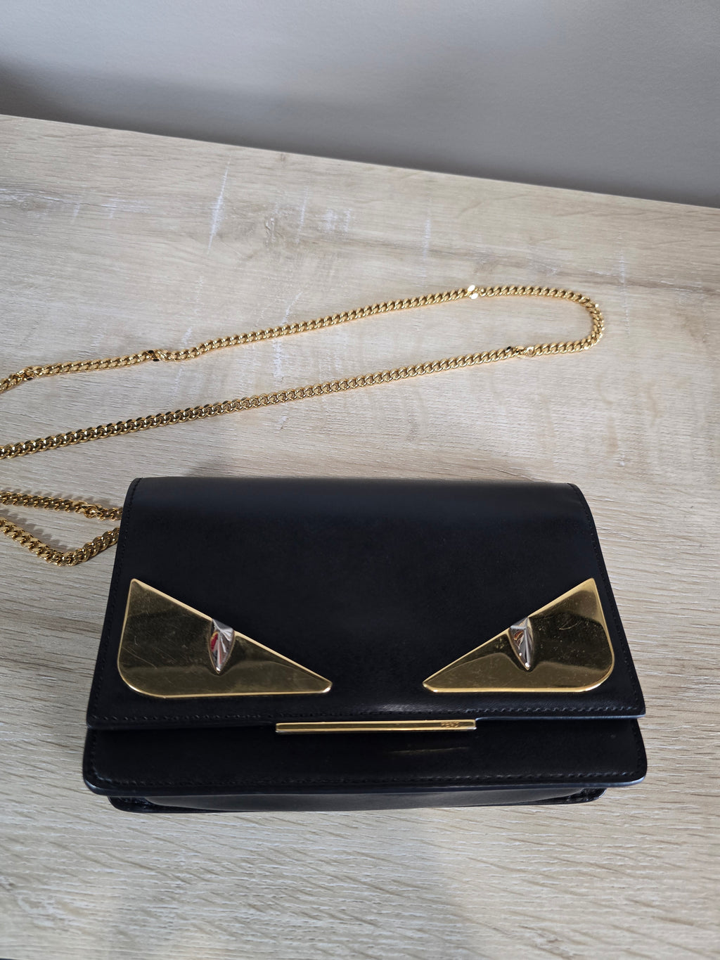 Fendi Eye Monster Tube Wallet on Chain Black Gold Hardware