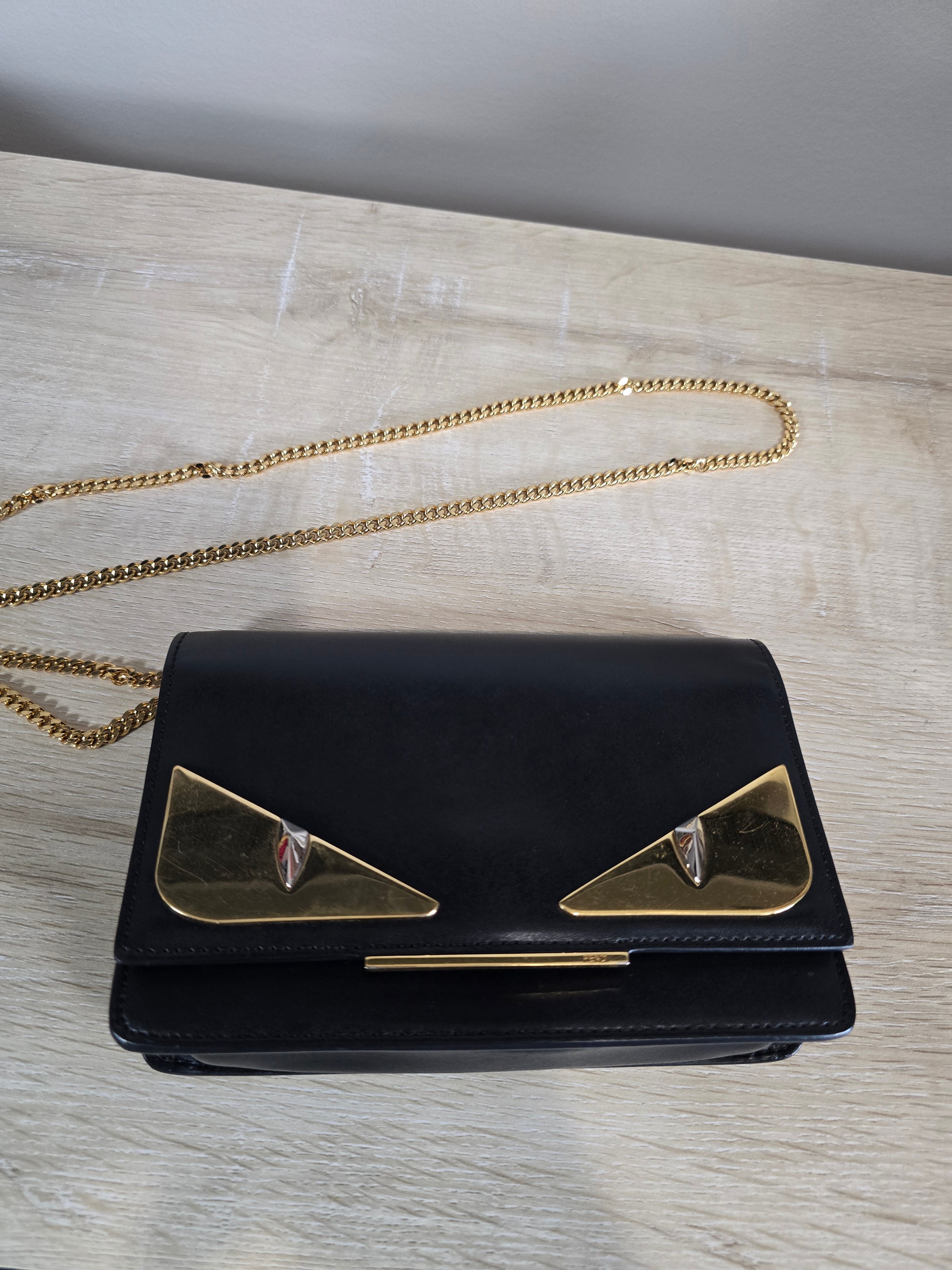 Fendi Eye Monster Tube Wallet on Chain Black Gold Hardware