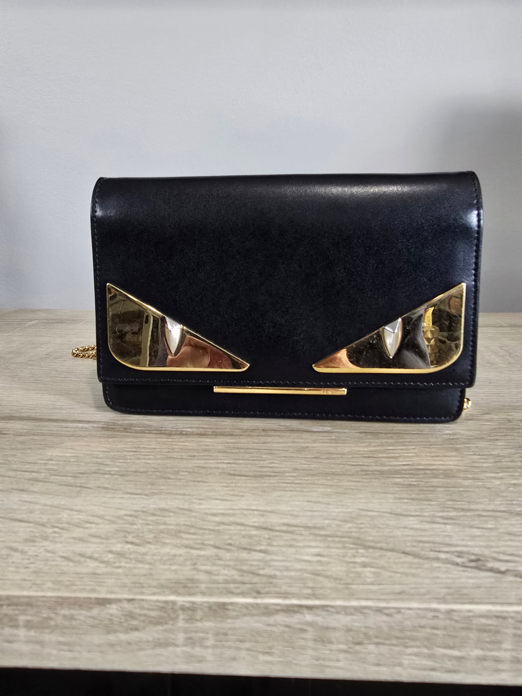 Fendi Eye Monster Tube Wallet on Chain Black Gold Hardware