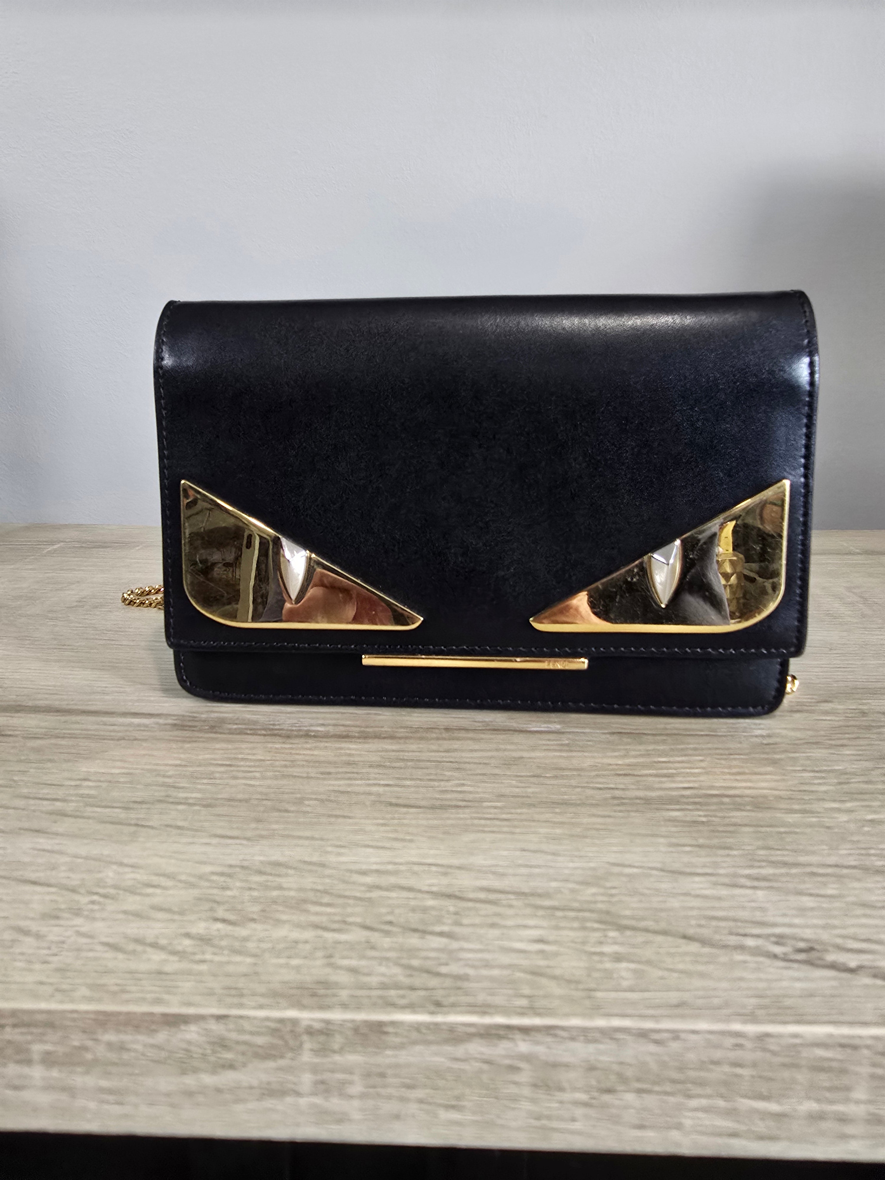 Fendi Eye Monster Tube Wallet on Chain Black Gold Hardware