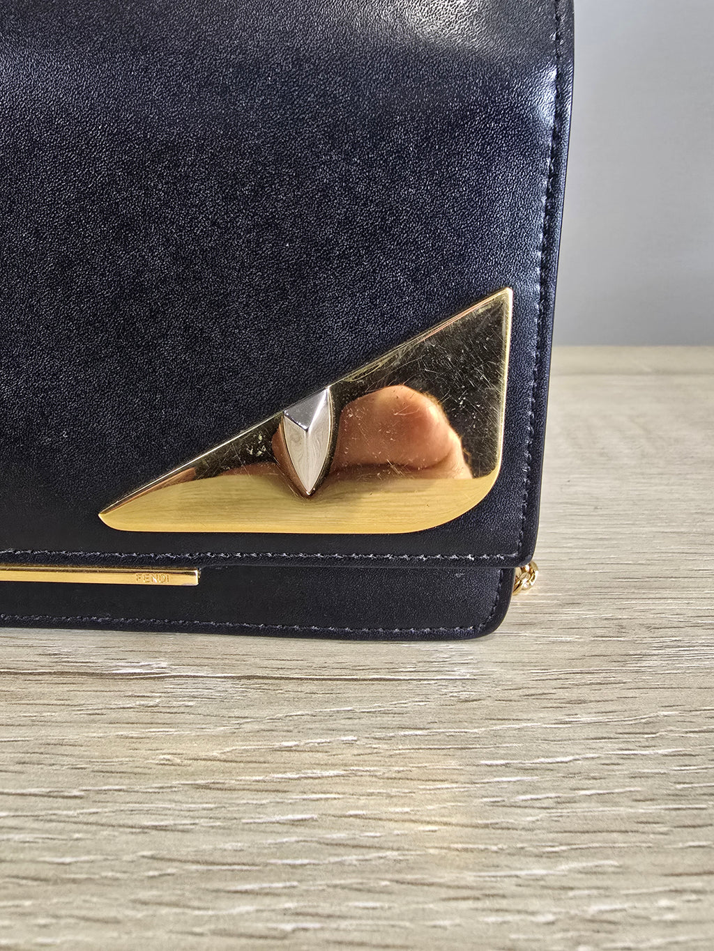 Fendi Eye Monster Tube Wallet on Chain Black Gold Hardware