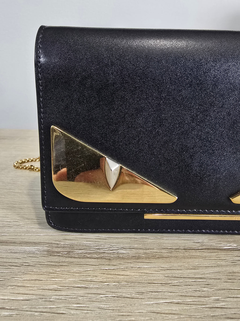 Fendi Eye Monster Tube Wallet on Chain Black Gold Hardware