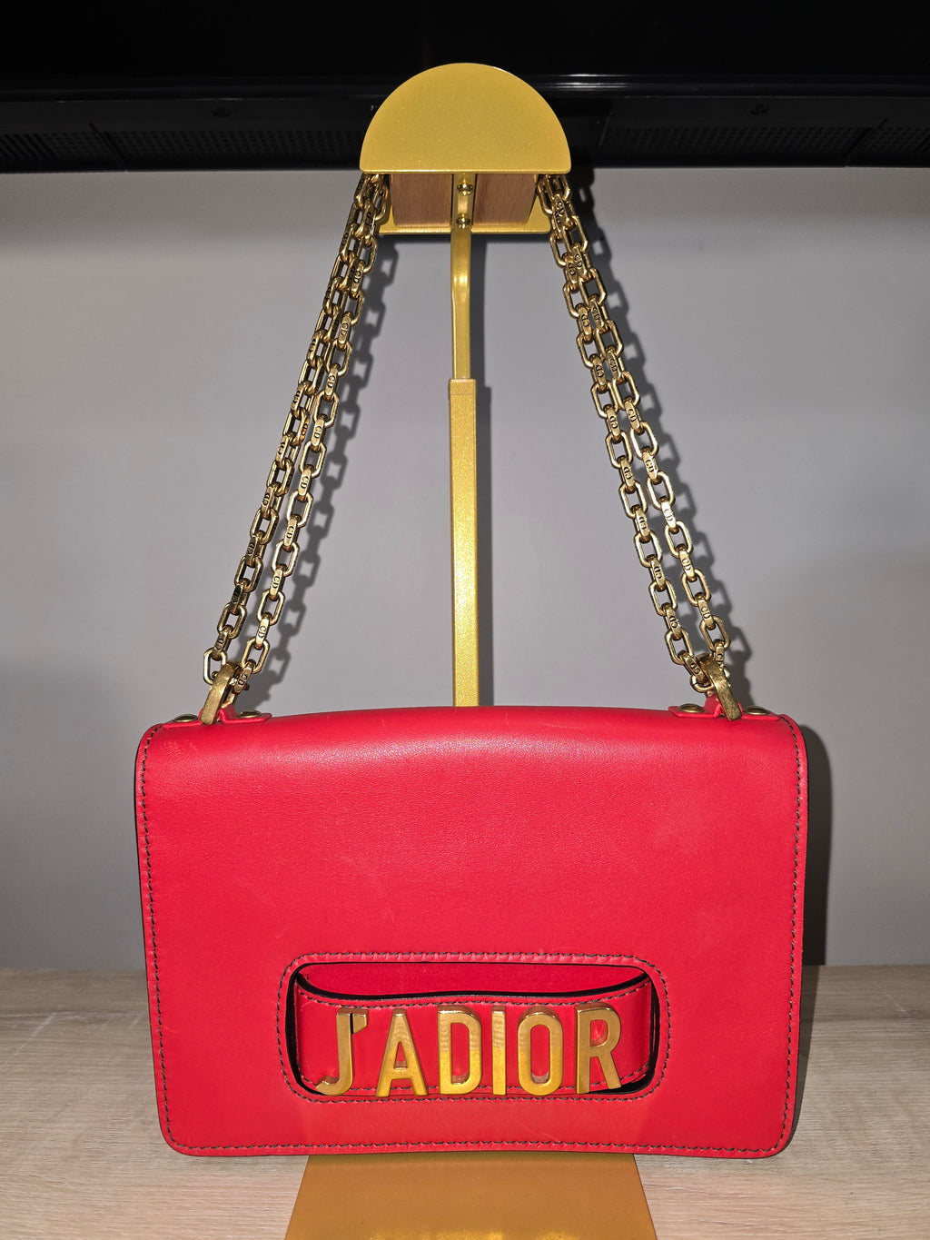 Christian Dior J'Adior Chain Flap Bag Red Smooth Leather Gold Hardware