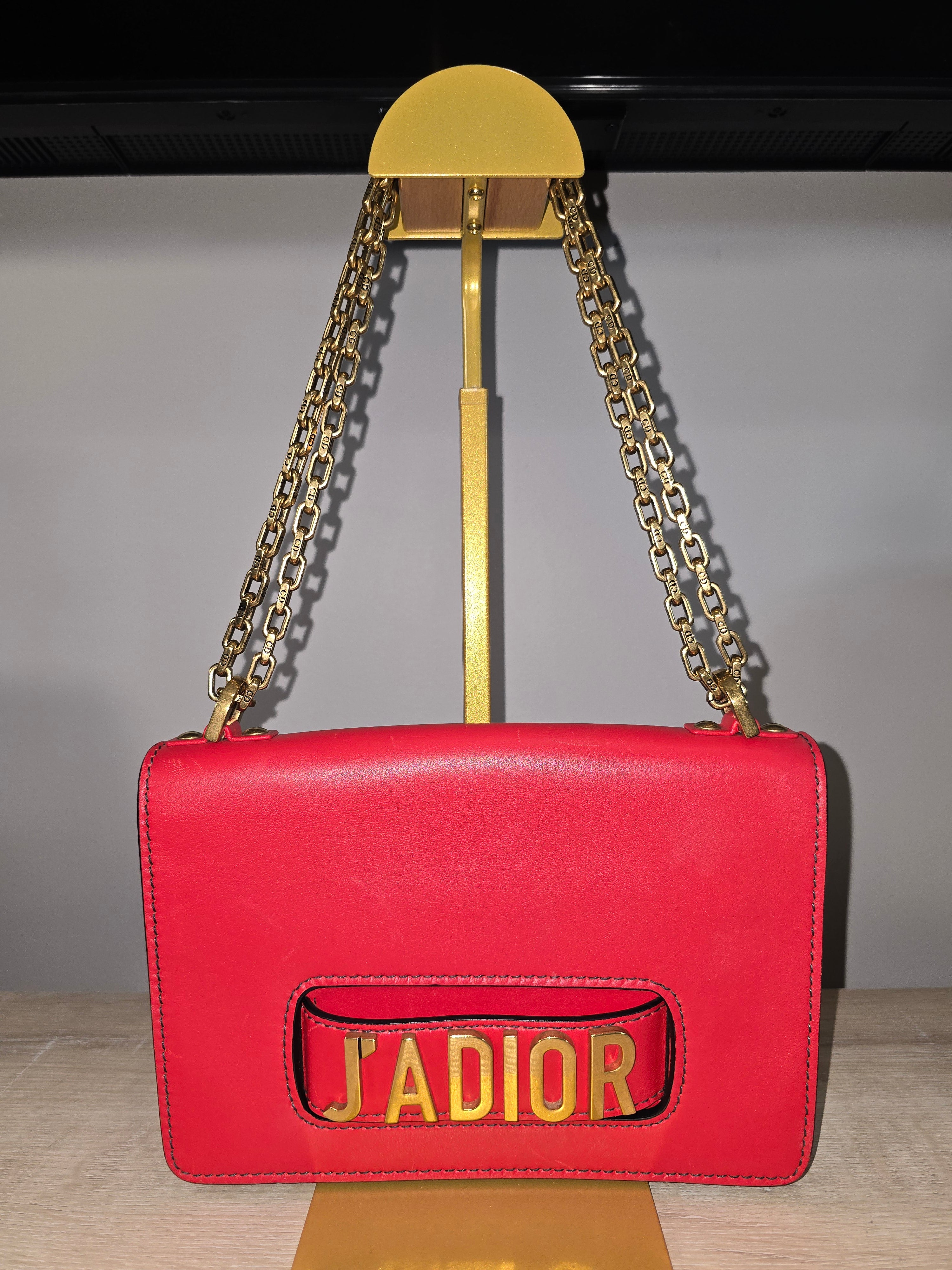 Christian Dior J'Adior Chain Flap Bag Red Smooth Leather Gold Hardware
