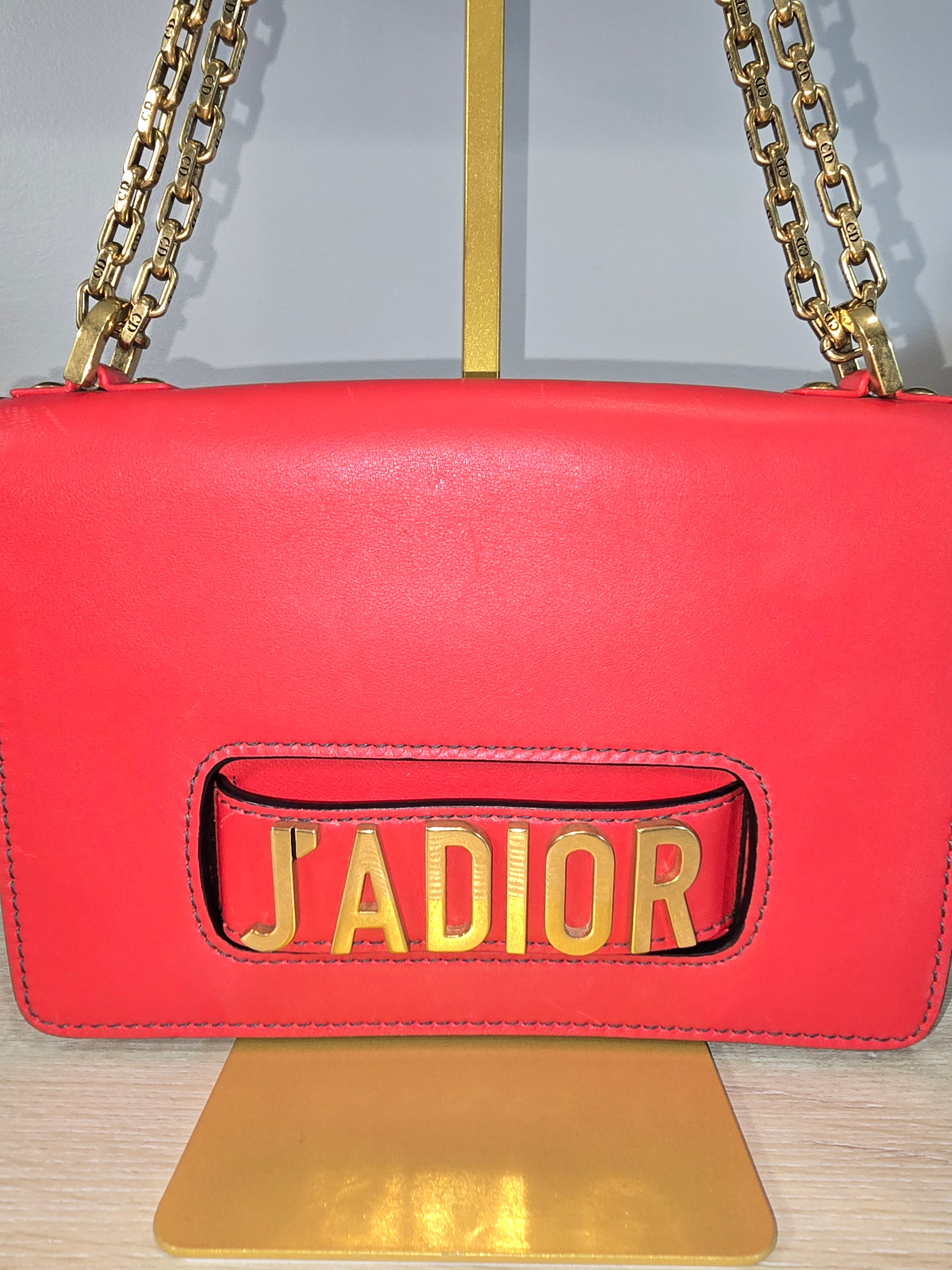 Christian Dior J'Adior Chain Flap Bag Red Smooth Leather Gold Hardware