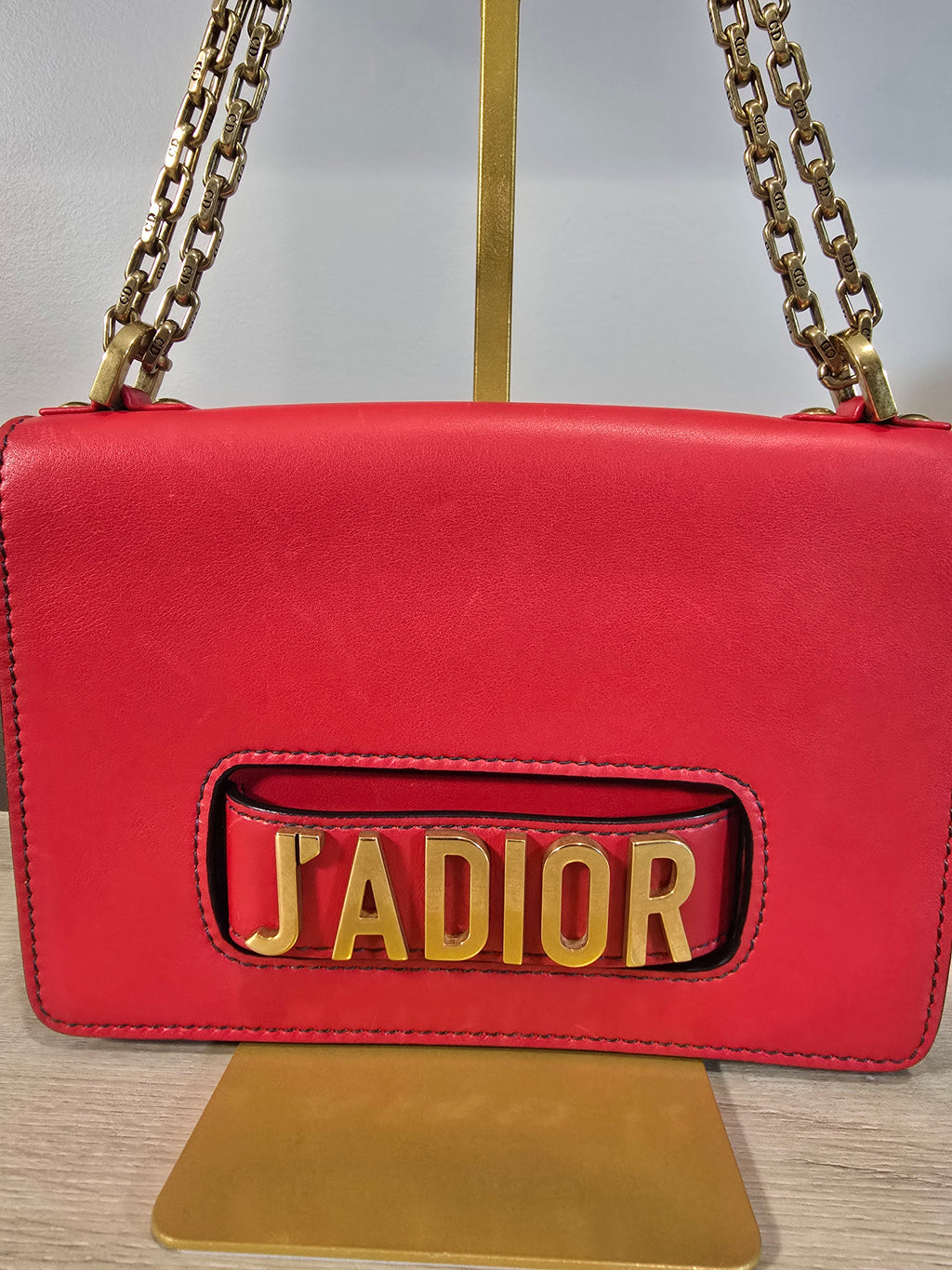 Christian Dior J'Adior Chain Flap Bag Red Smooth Leather Gold Hardware