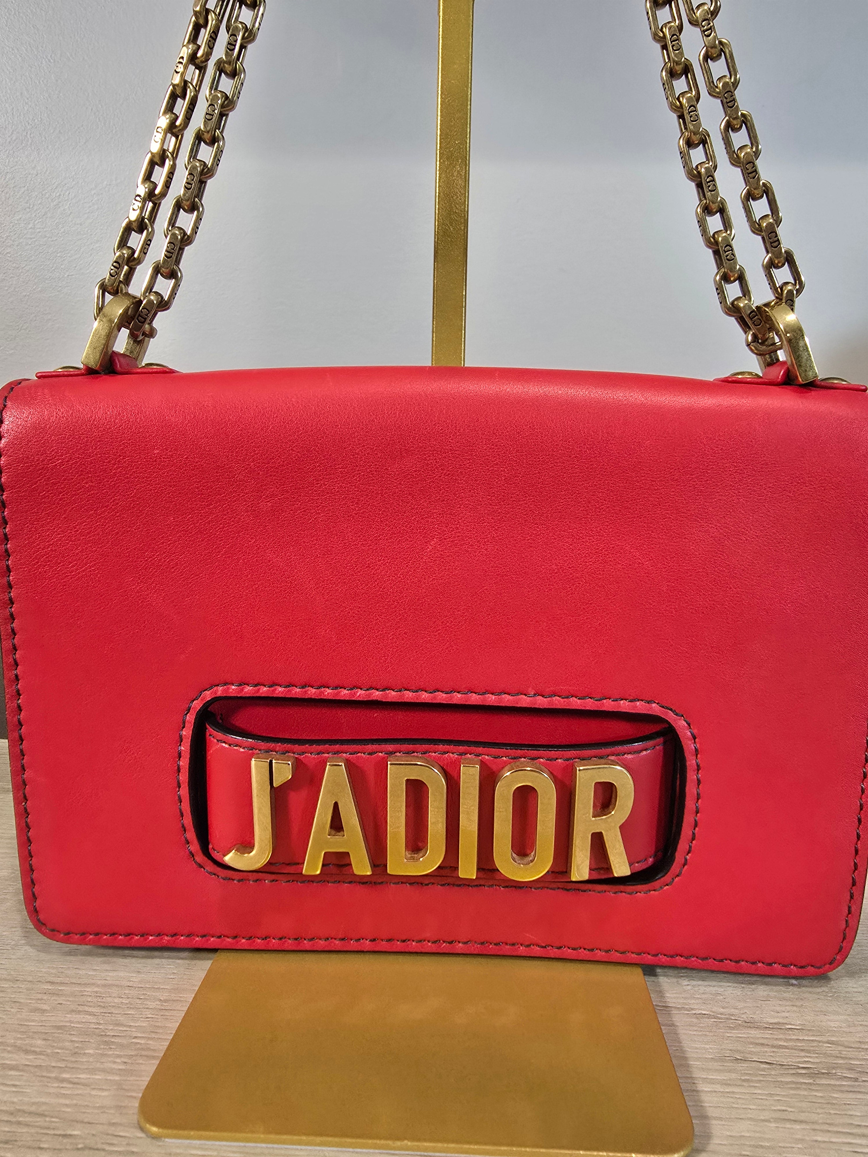Christian Dior J'Adior Chain Flap Bag Red Smooth Leather Gold Hardware