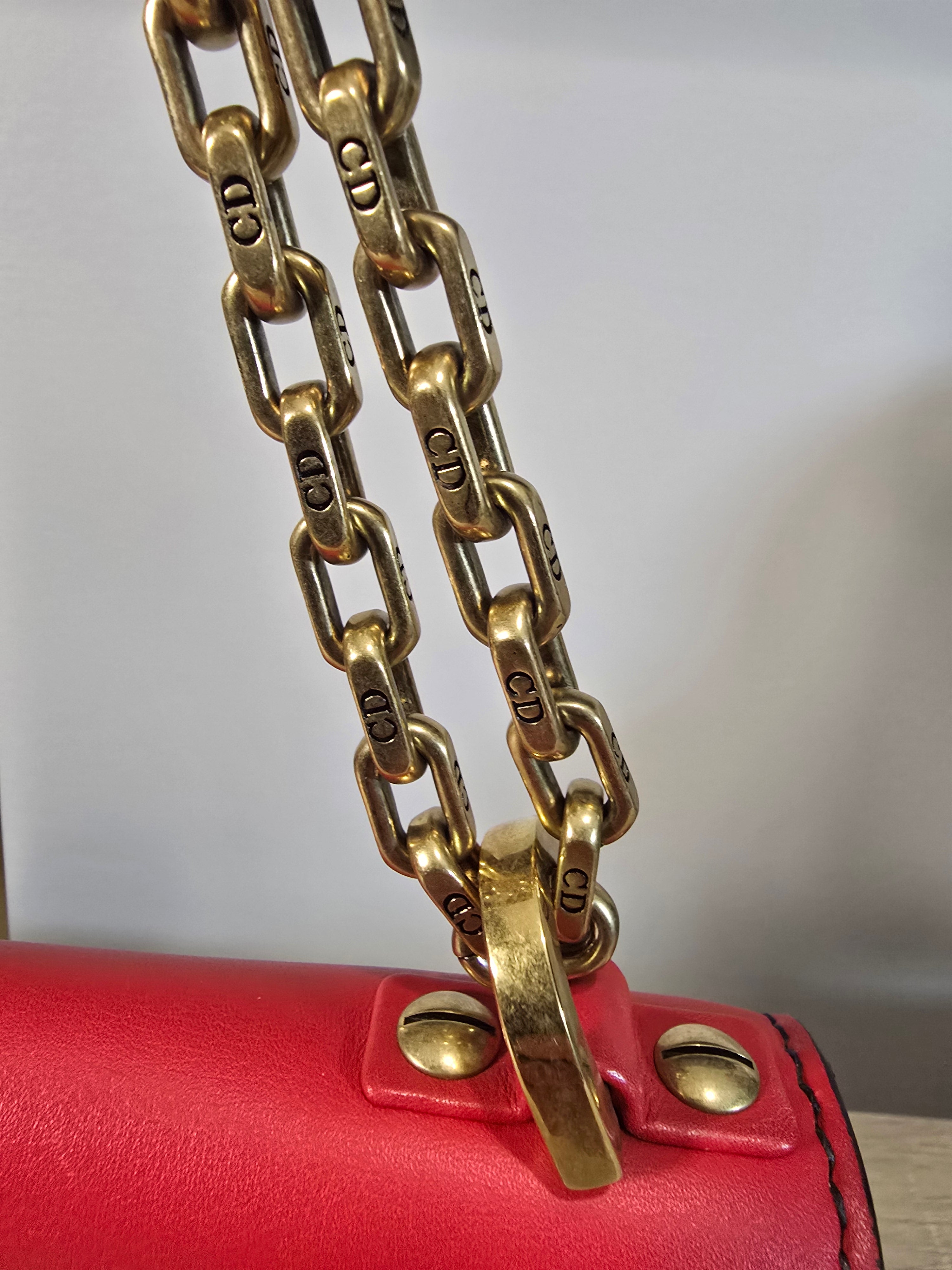 Christian Dior J'Adior Chain Flap Bag Red Smooth Leather Gold Hardware