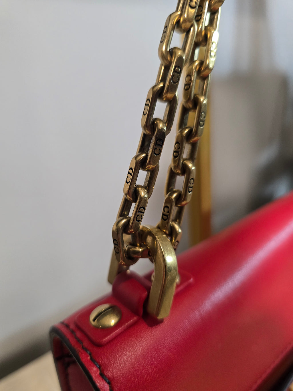 Christian Dior J'Adior Chain Flap Bag Red Smooth Leather Gold Hardware