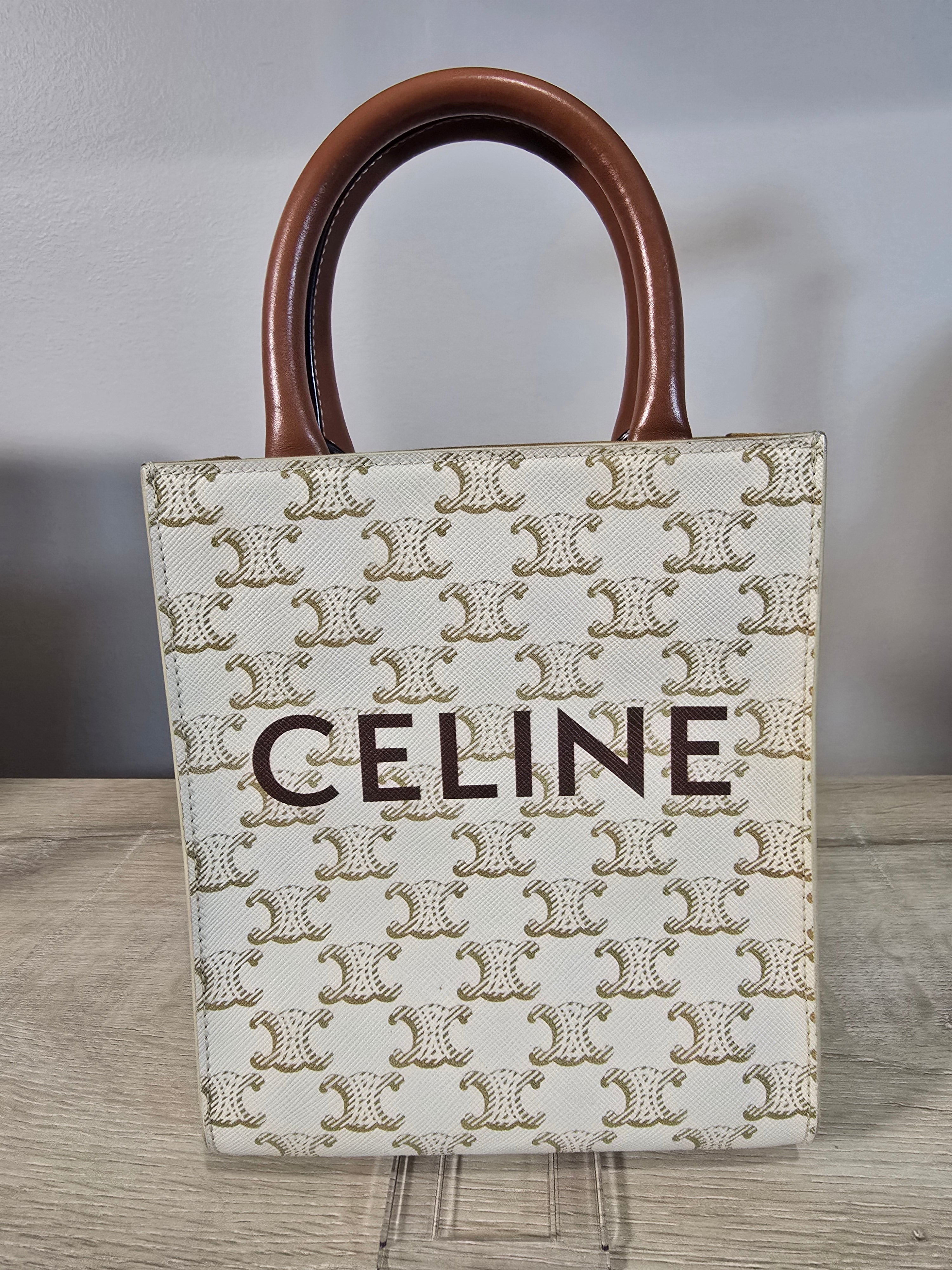 Celine Mini Vertical Cabas White Triomphe Canvas Brown Calfskin Trim
