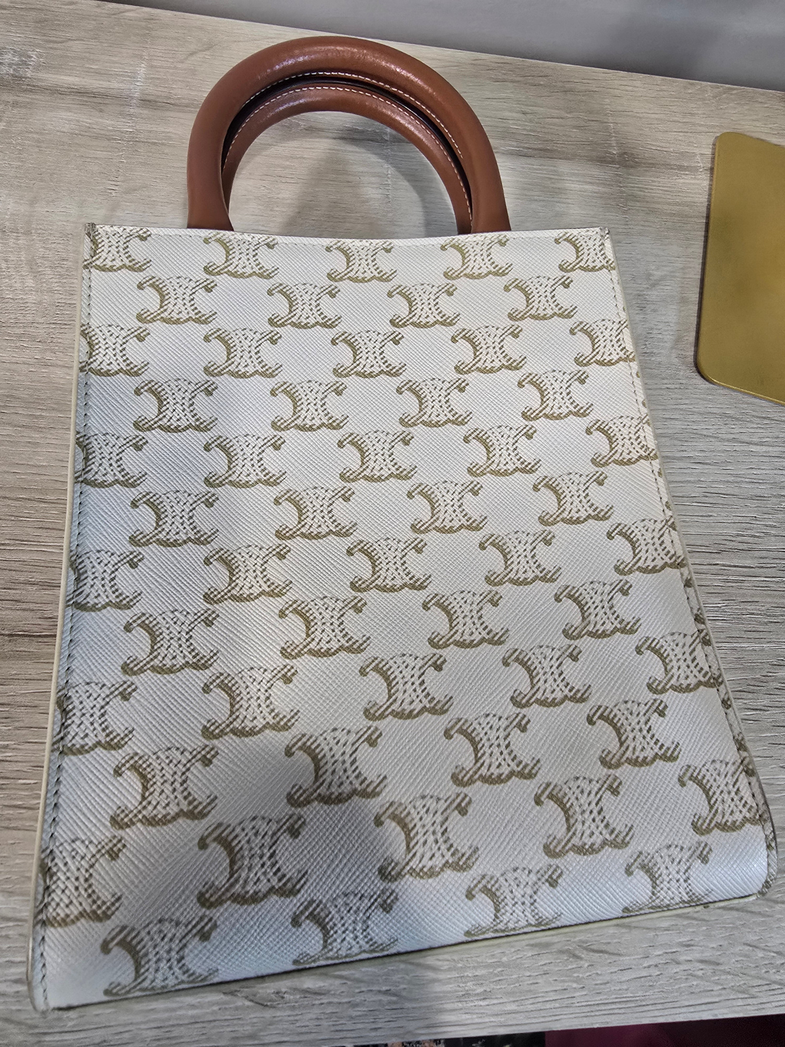 Celine Mini Vertical Cabas White Triomphe Canvas Brown Calfskin Trim