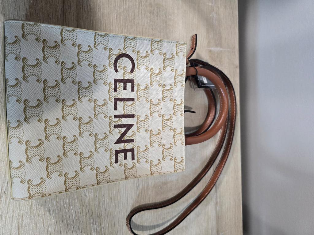 Celine Mini Vertical Cabas White Triomphe Canvas Brown Calfskin Trim