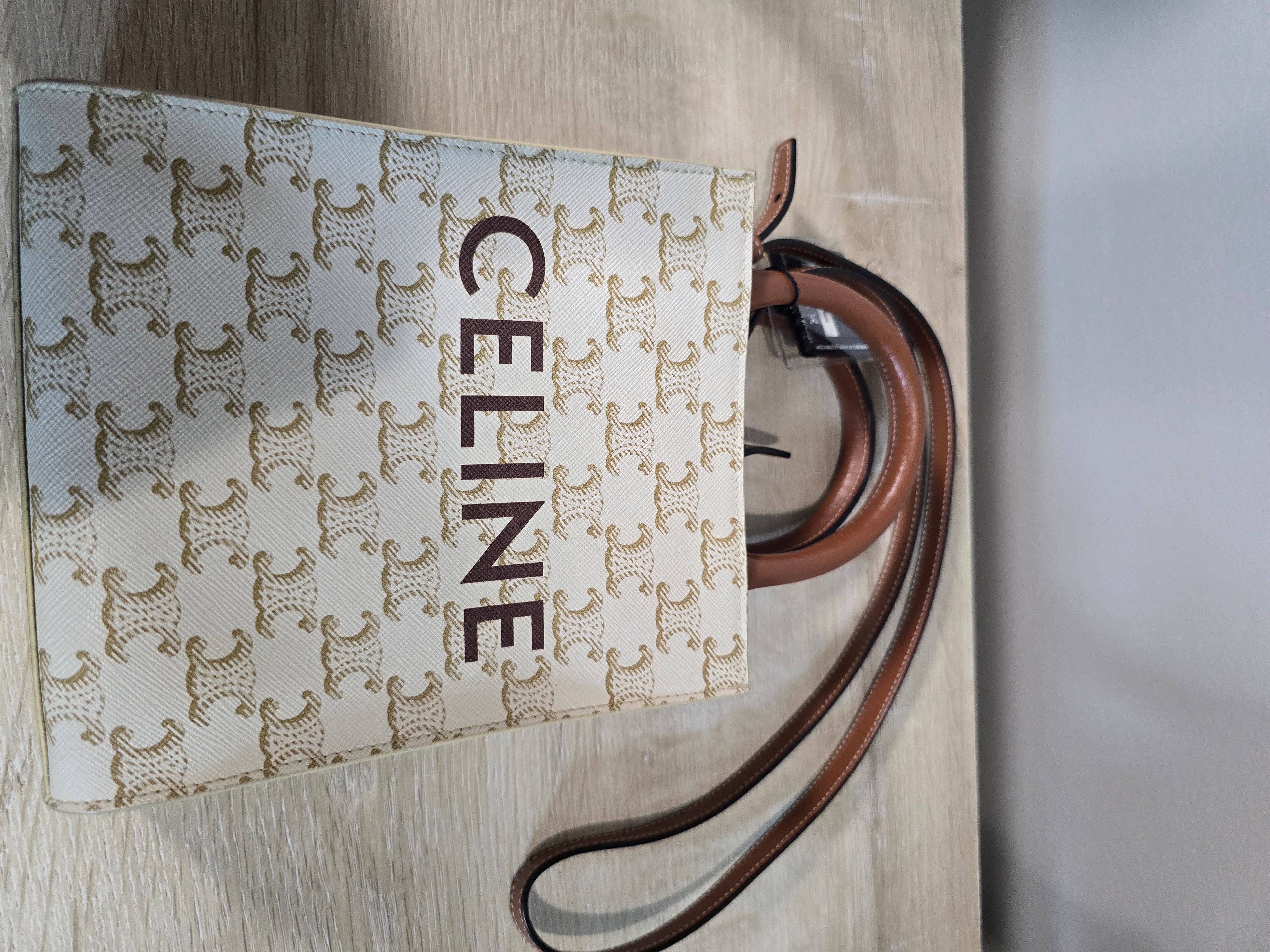 Celine Mini Vertical Cabas White Triomphe Canvas Brown Calfskin Trim