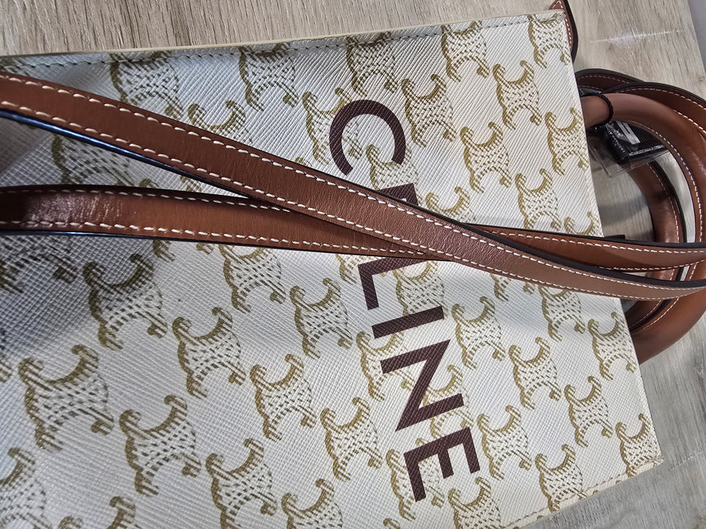 Celine Mini Vertical Cabas White Triomphe Canvas Brown Calfskin Trim