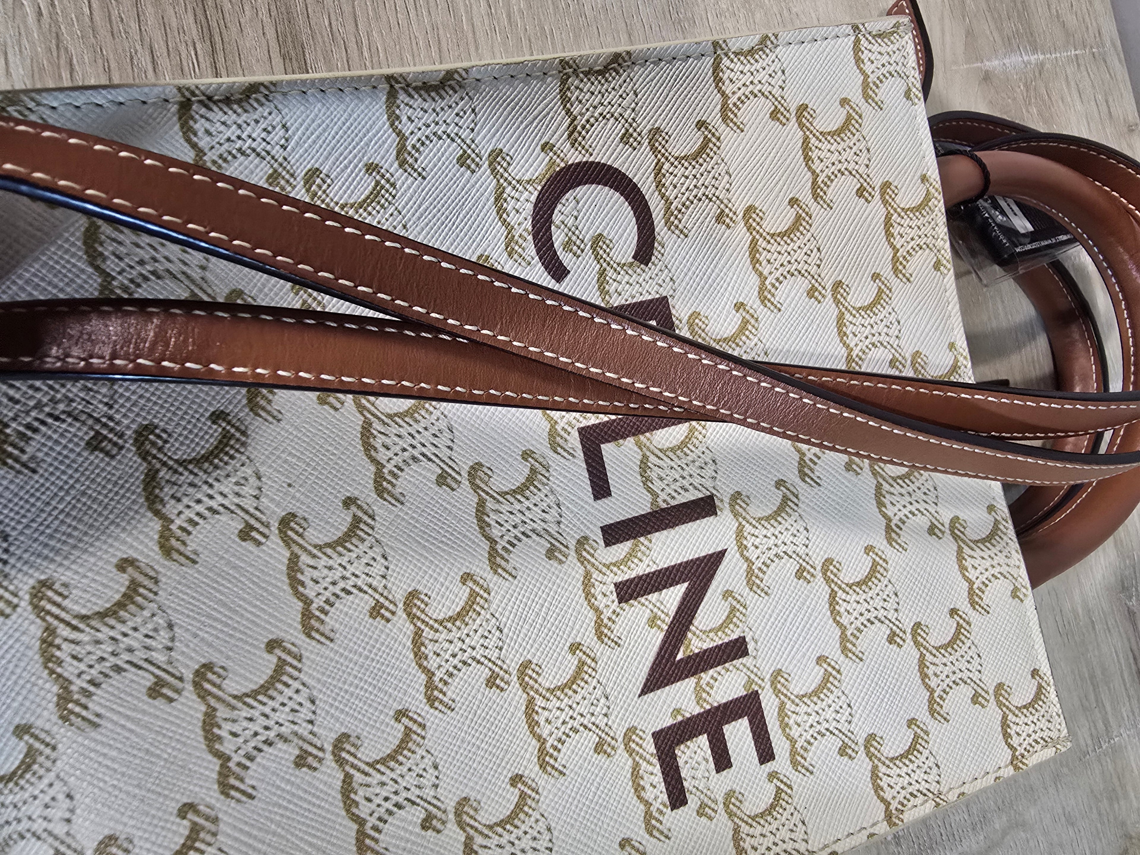 Celine Mini Vertical Cabas White Triomphe Canvas Brown Calfskin Trim