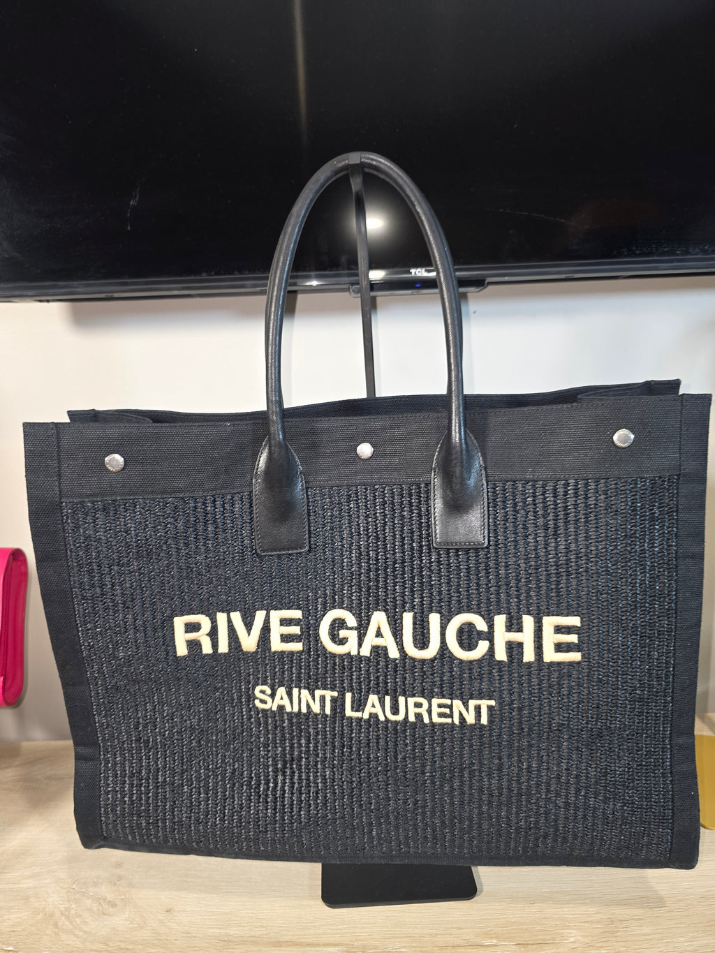 Saint Laurent Rive Gauche Tote Bag Black Raffia Leather Silver Hardware