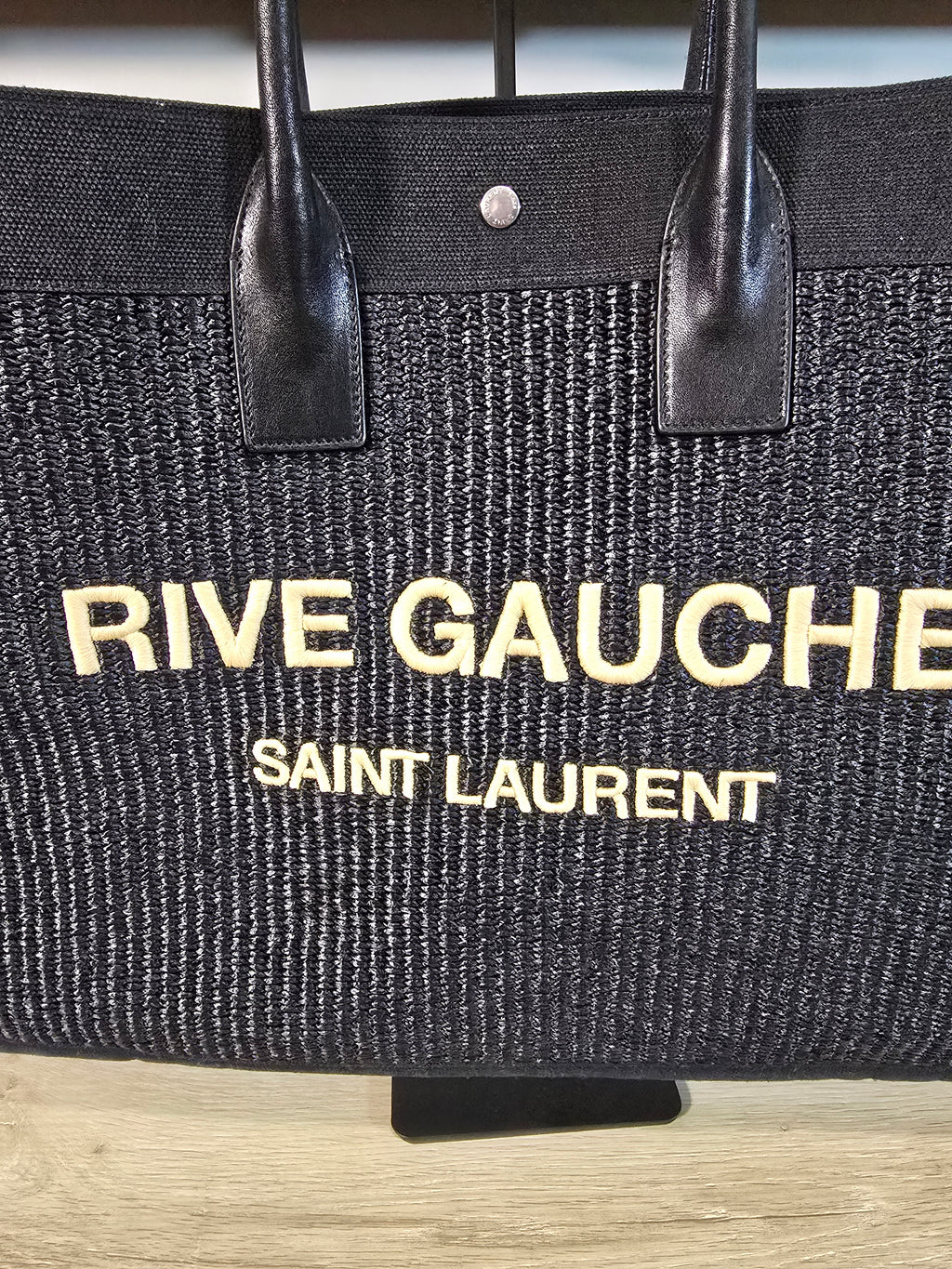 Saint Laurent Rive Gauche Tote Bag Black Raffia Leather Silver Hardware