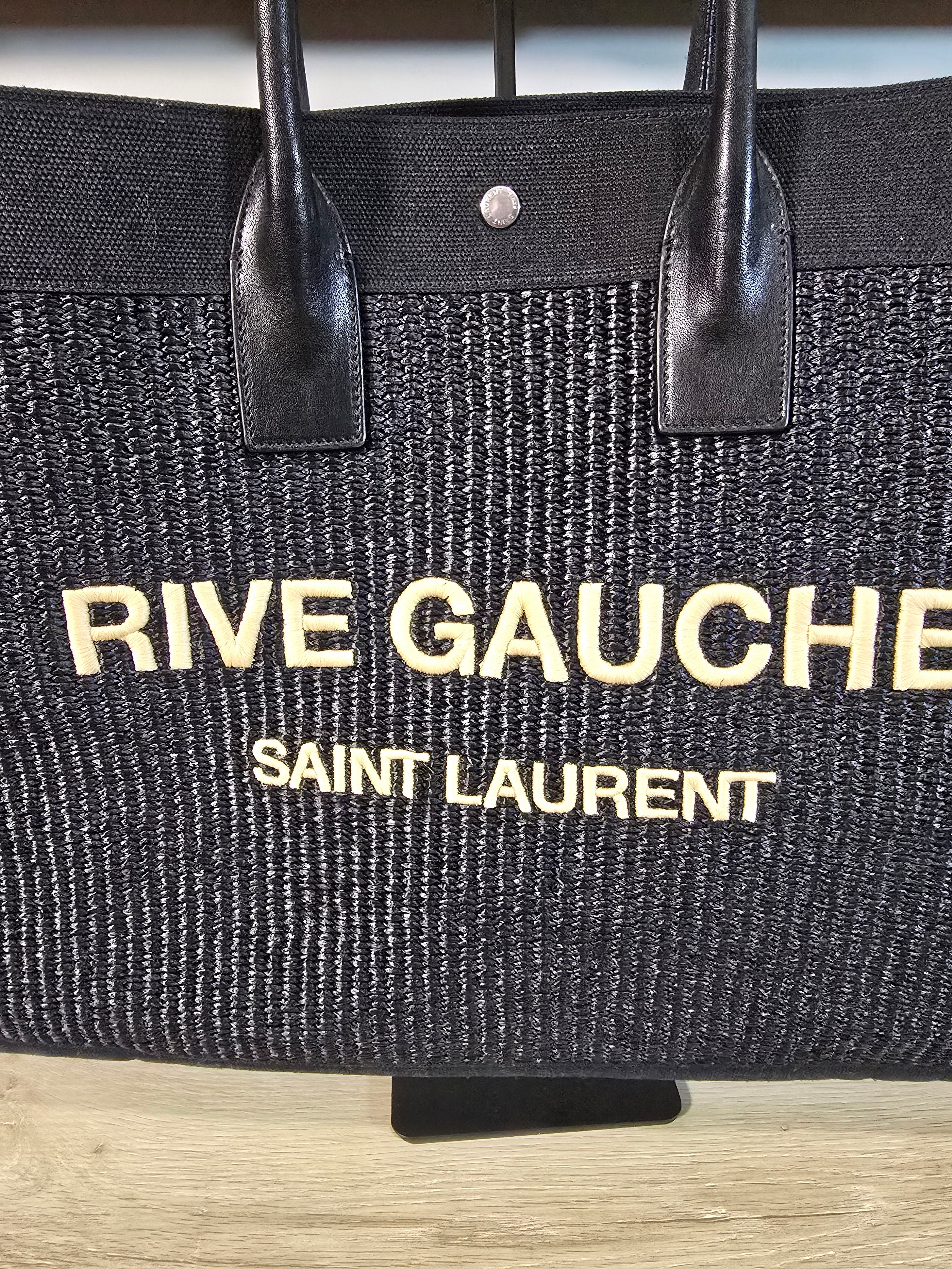 Saint Laurent Rive Gauche Tote Bag Black Raffia Leather Silver Hardware