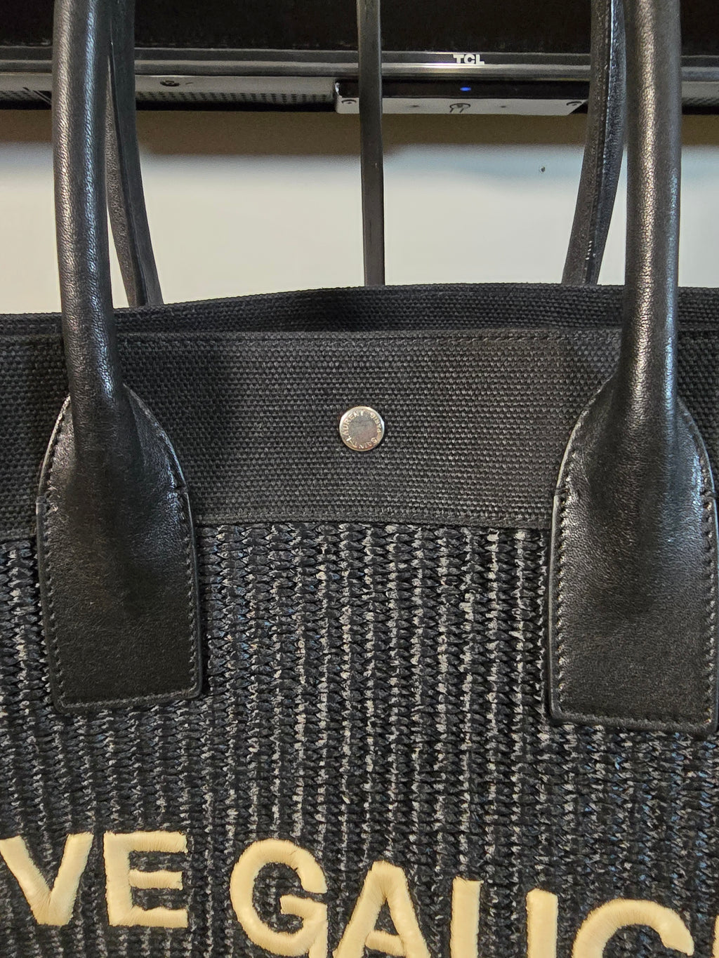 Saint Laurent Rive Gauche Tote Bag Black Raffia Leather Silver Hardware