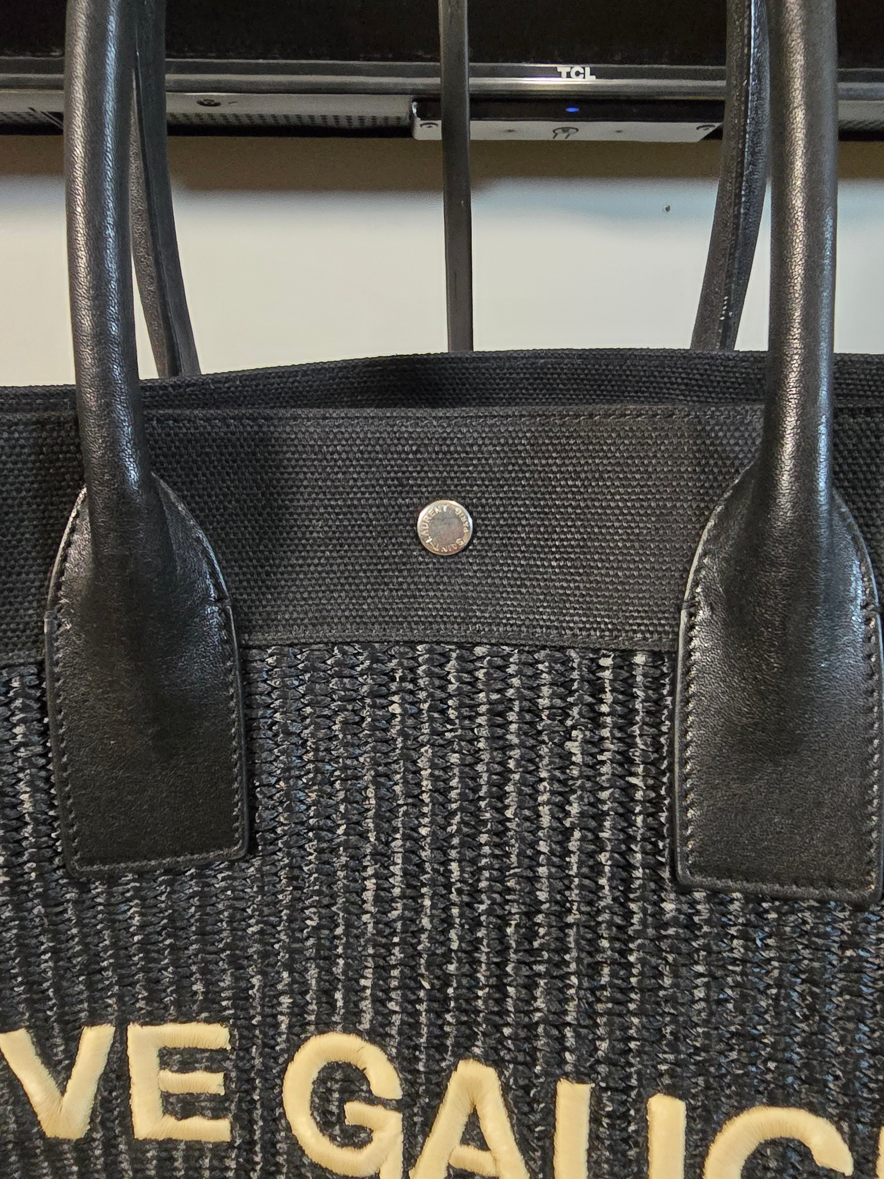 Saint Laurent Rive Gauche Tote Bag Black Raffia Leather Silver Hardware