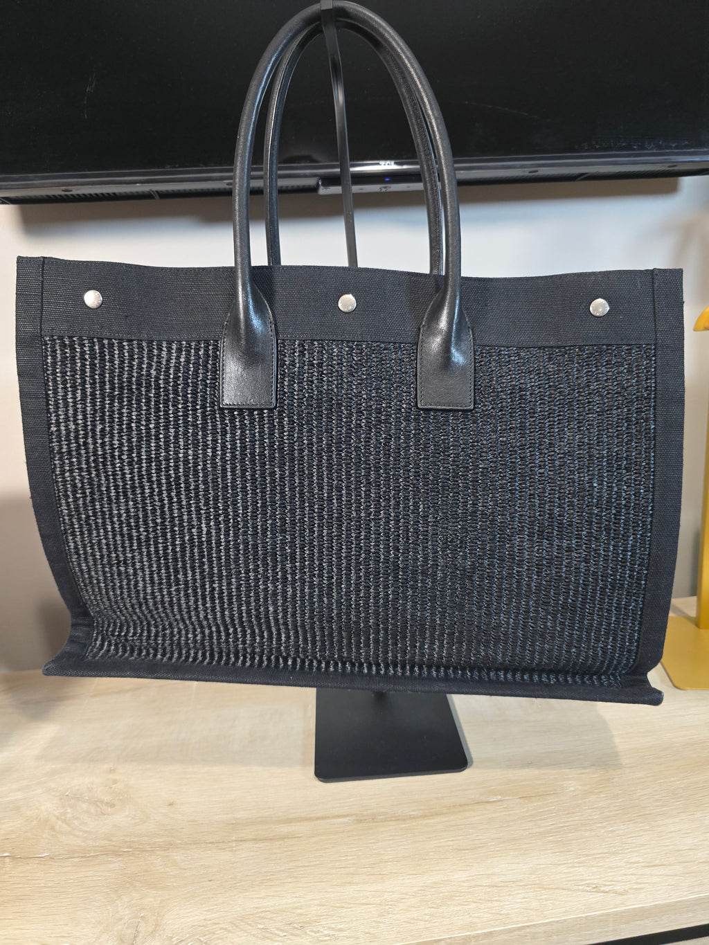 Saint Laurent Rive Gauche Tote Bag Black Raffia Leather Silver Hardware