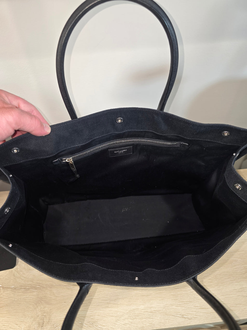 Saint Laurent Rive Gauche Tote Bag Black Raffia Leather Silver Hardware