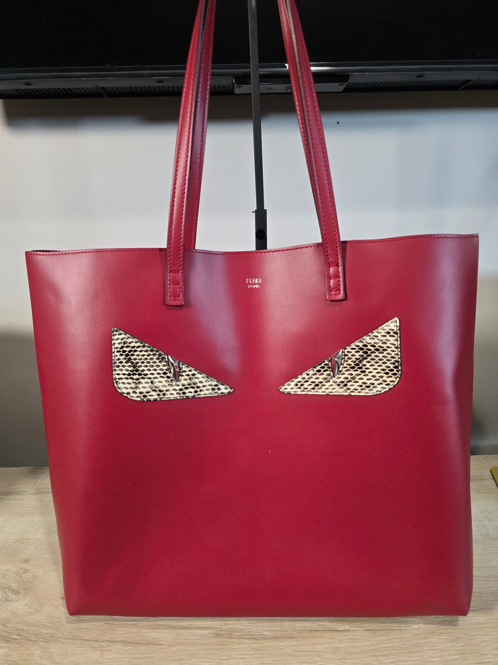 Fendi Monster Eyes Shopping Tote Red Snakeskin Silver Hardware