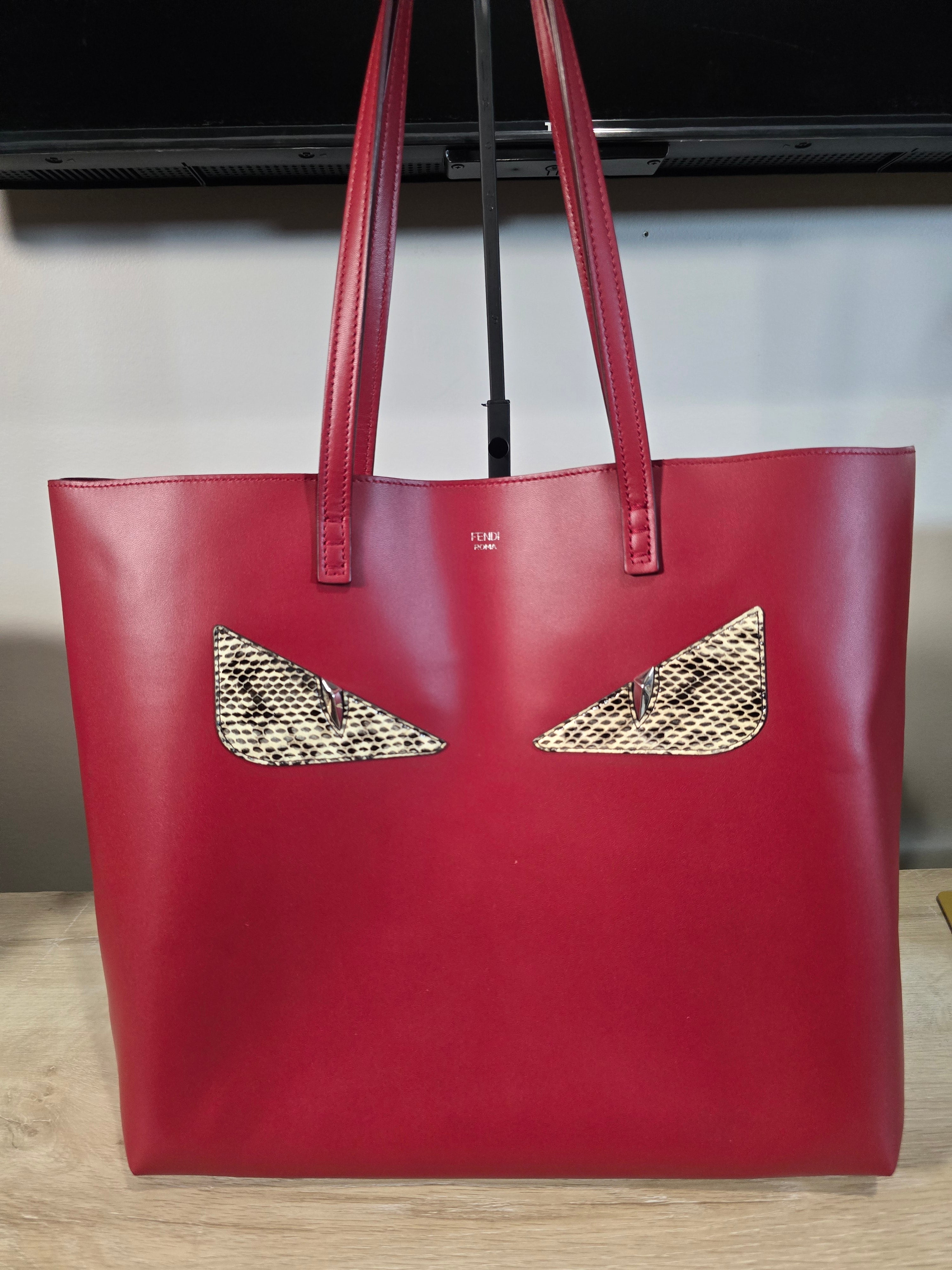 Fendi Monster Eyes Shopping Tote Red Snakeskin Silver Hardware