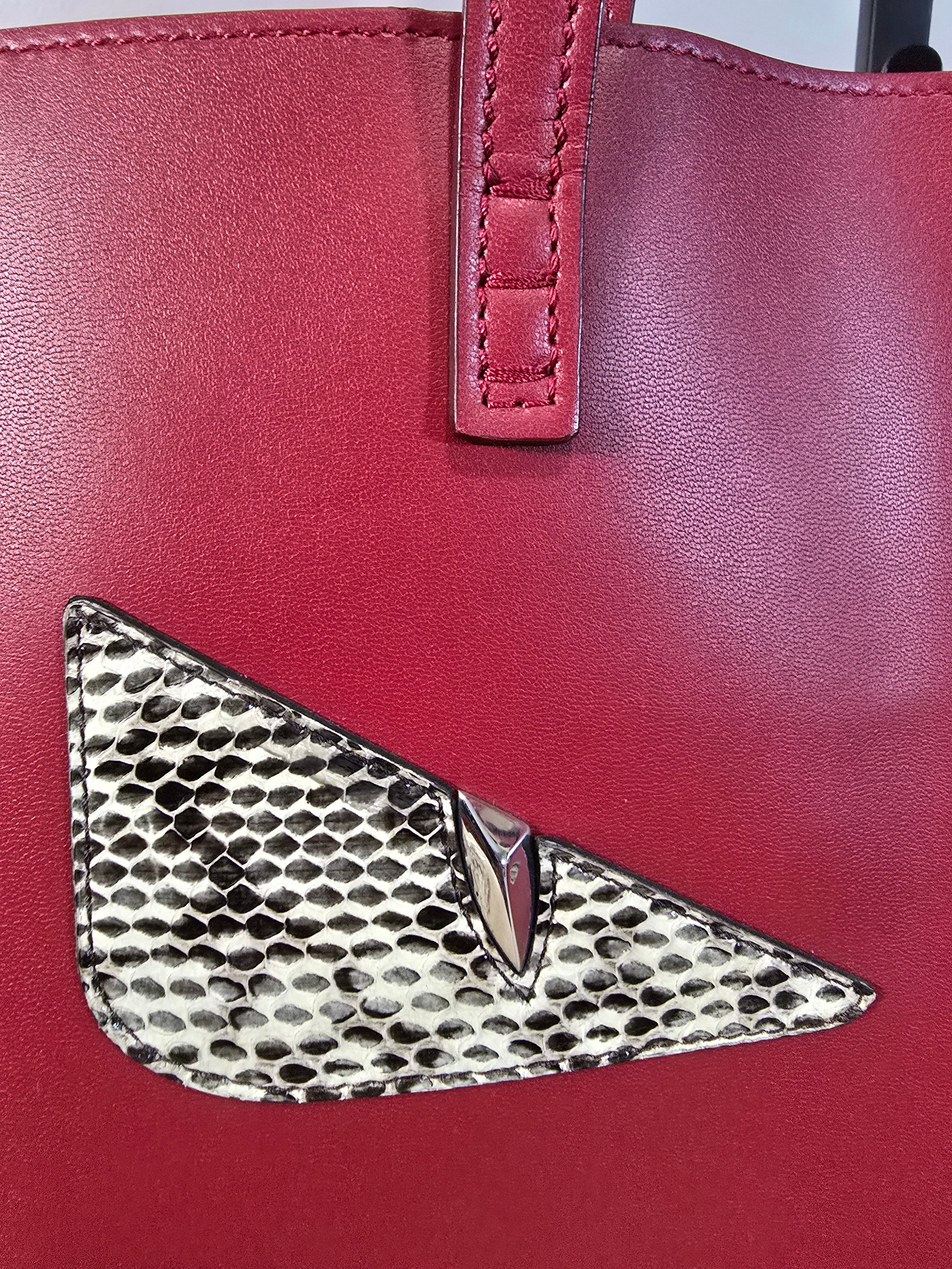 Fendi Monster Eyes Shopping Tote Red Snakeskin Silver Hardware
