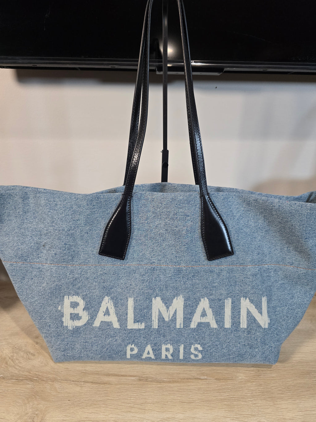 Balmain Paris Blue Denim Track Tote Bag White Letters Black Leather Handles Gold Hardware
