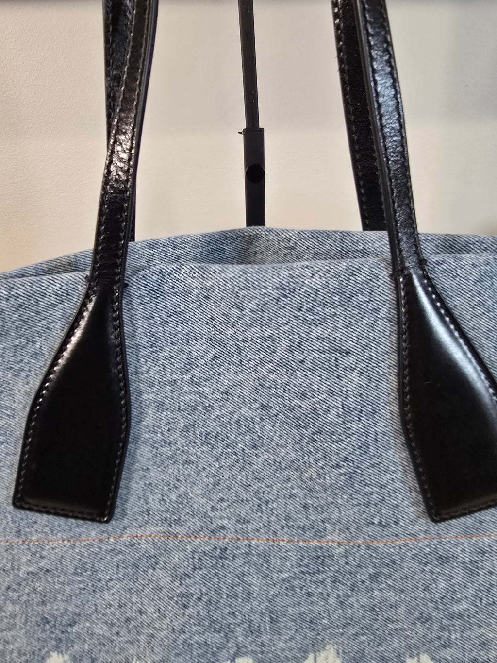 Balmain Paris Blue Denim Track Tote Bag White Letters Black Leather Handles Gold Hardware