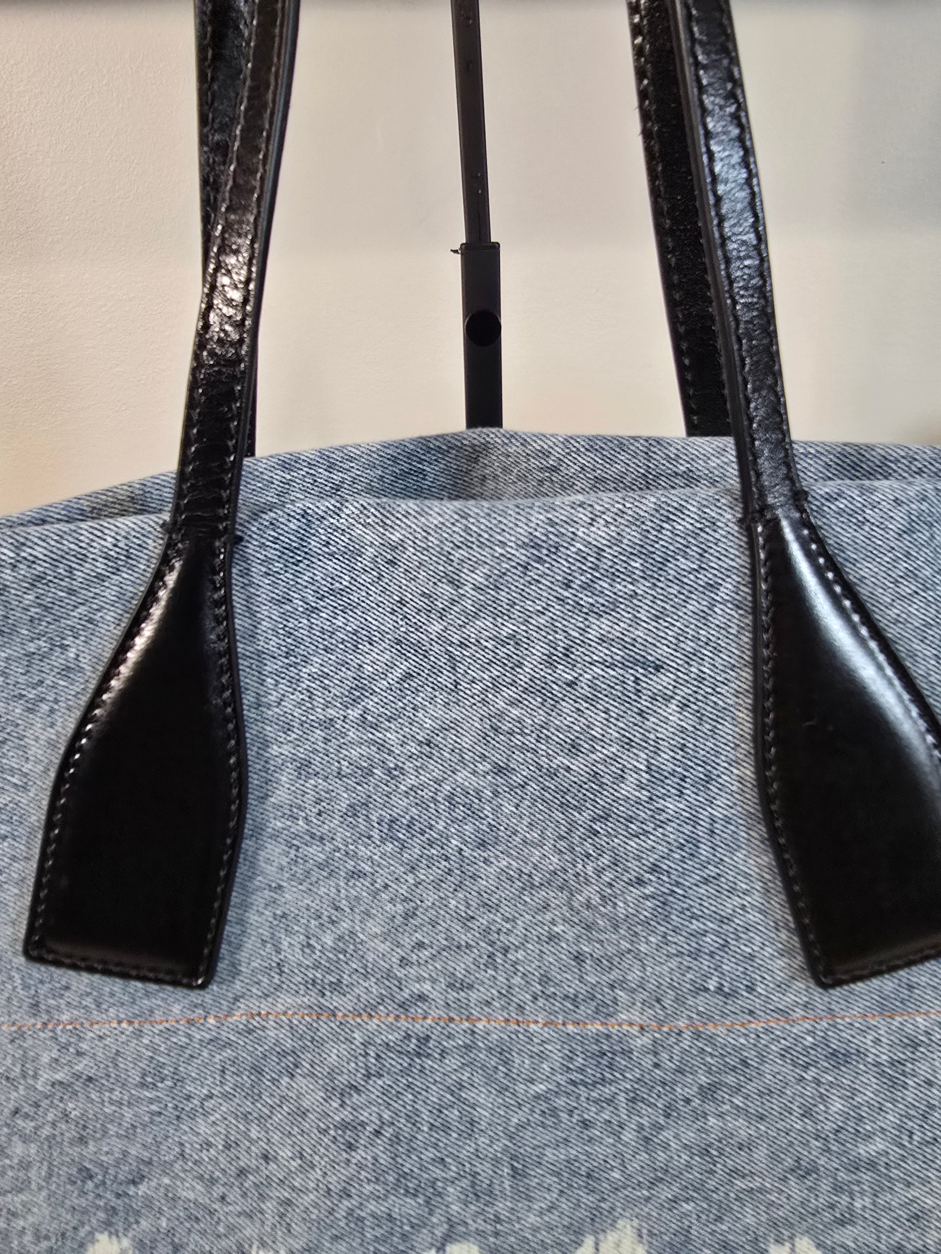 Balmain Paris Blue Denim Track Tote Bag White Letters Black Leather Handles Gold Hardware
