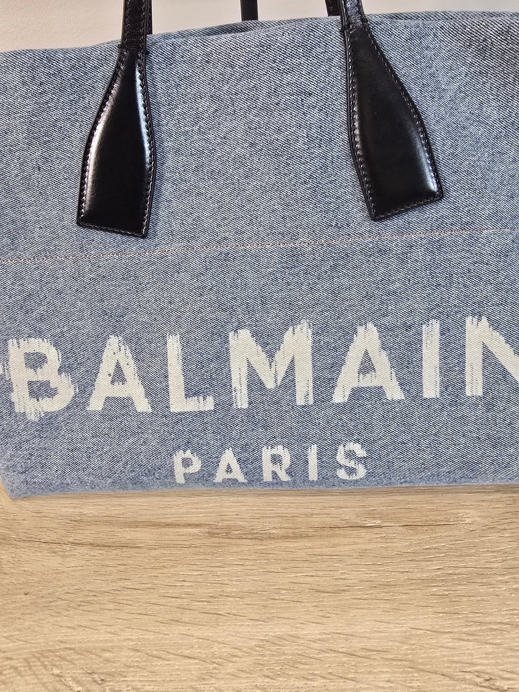 Balmain Paris Blue Denim Track Tote Bag White Letters Black Leather Handles Gold Hardware