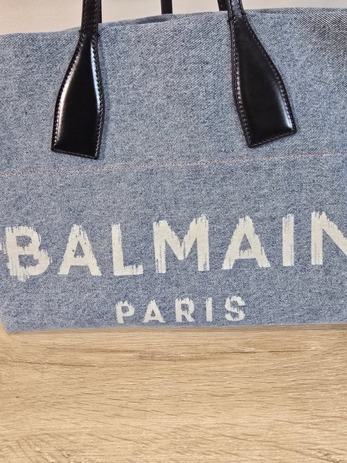 Balmain Paris Blue Denim Track Tote Bag White Letters Black Leather Handles Gold Hardware