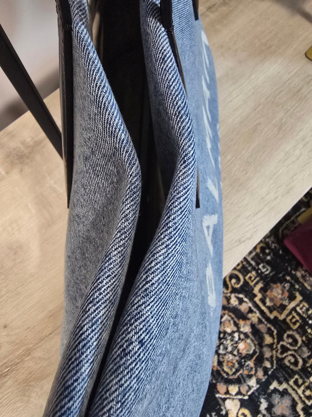 Balmain Paris Blue Denim Track Tote Bag White Letters Black Leather Handles Gold Hardware