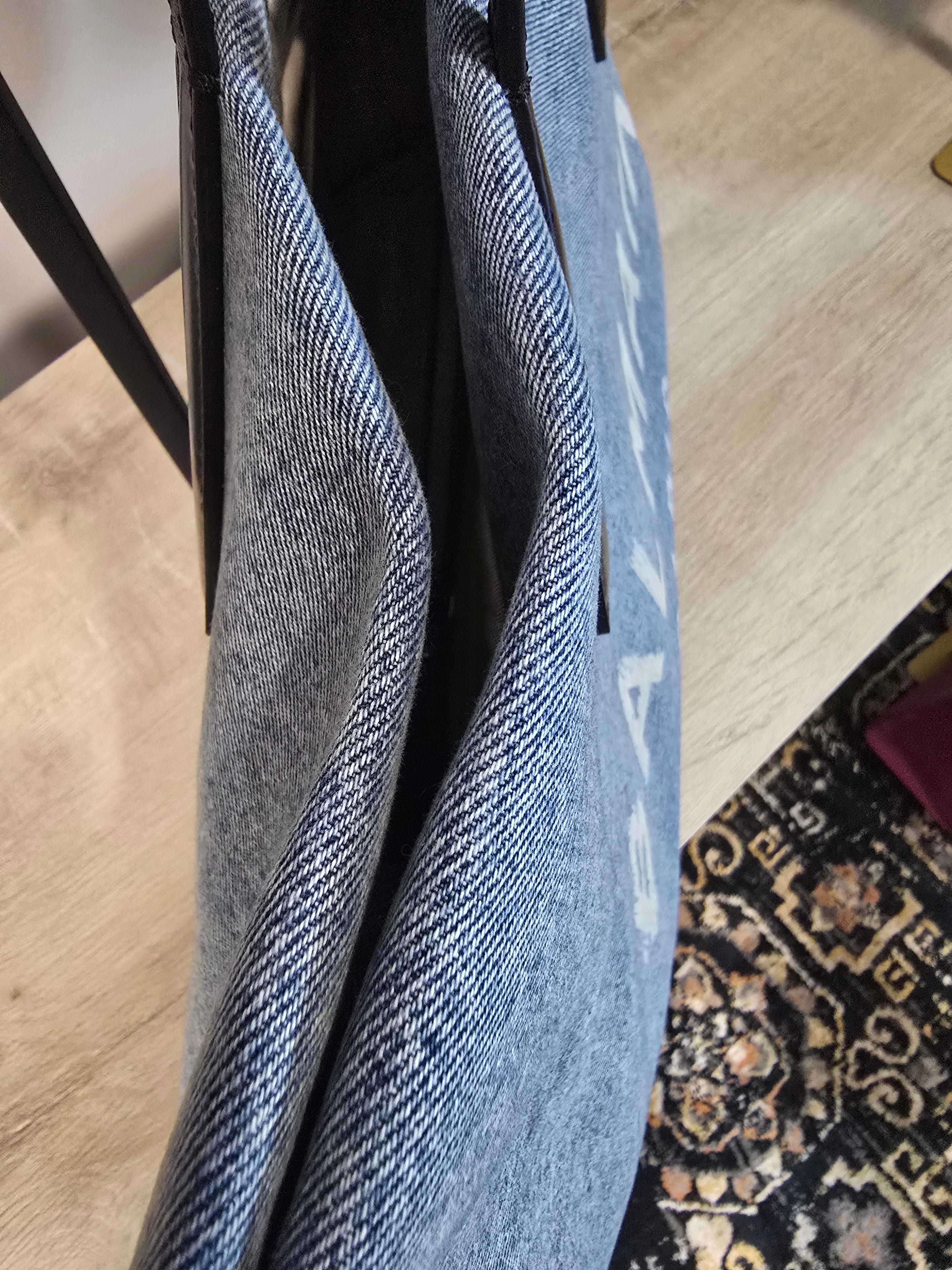 Balmain Paris Blue Denim Track Tote Bag White Letters Black Leather Handles Gold Hardware