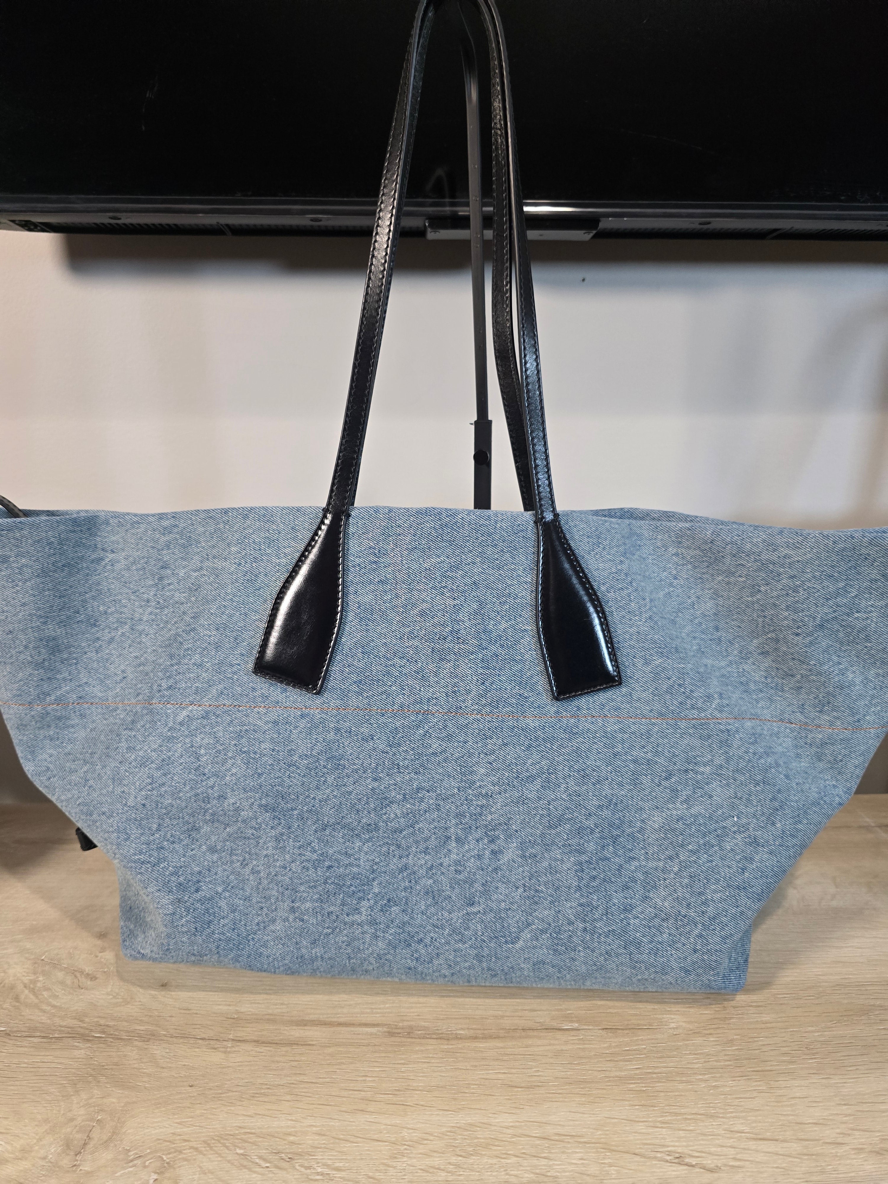 Balmain Paris Blue Denim Track Tote Bag White Letters Black Leather Handles Gold Hardware