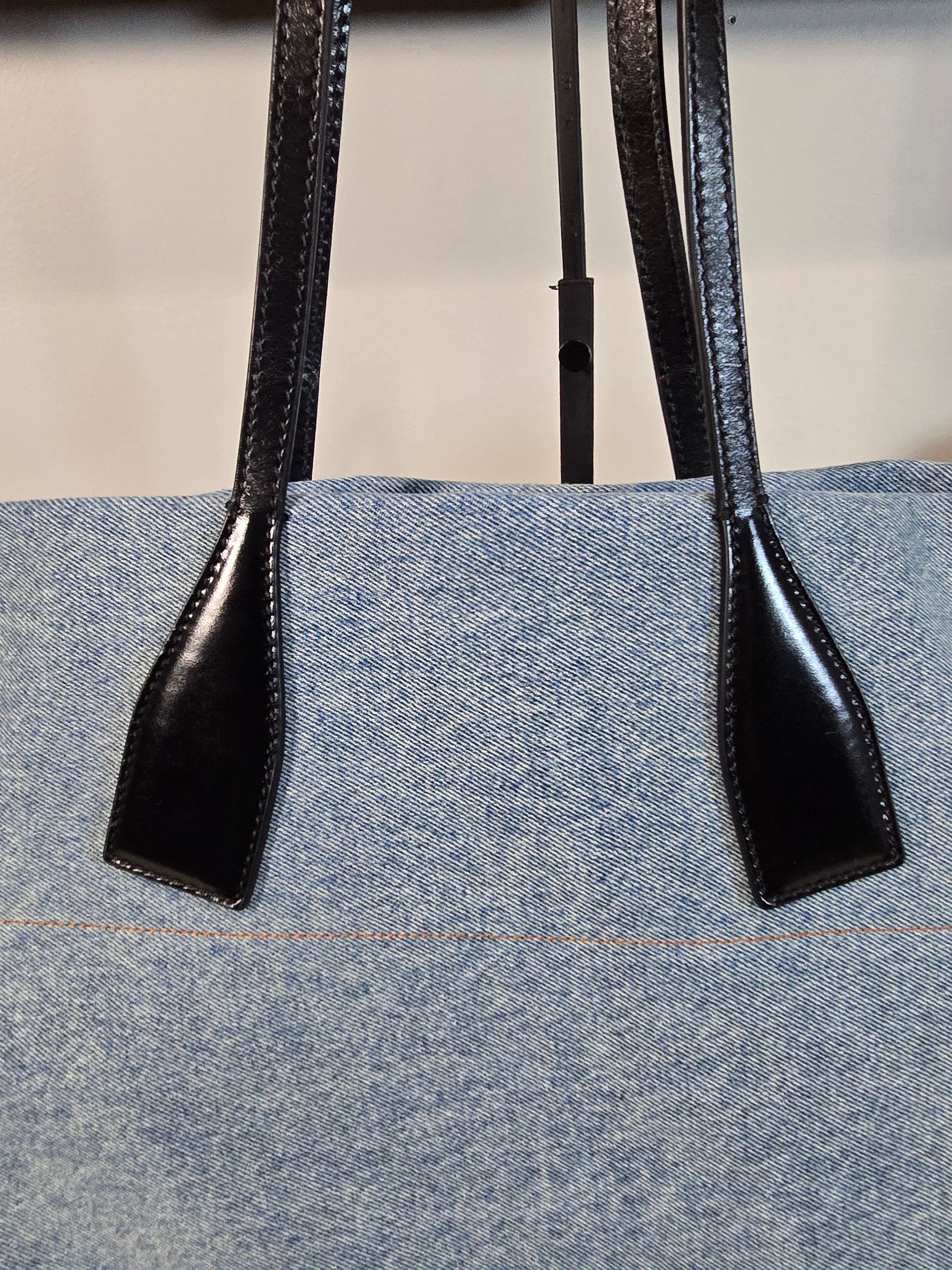 Balmain Paris Blue Denim Track Tote Bag White Letters Black Leather Handles Gold Hardware