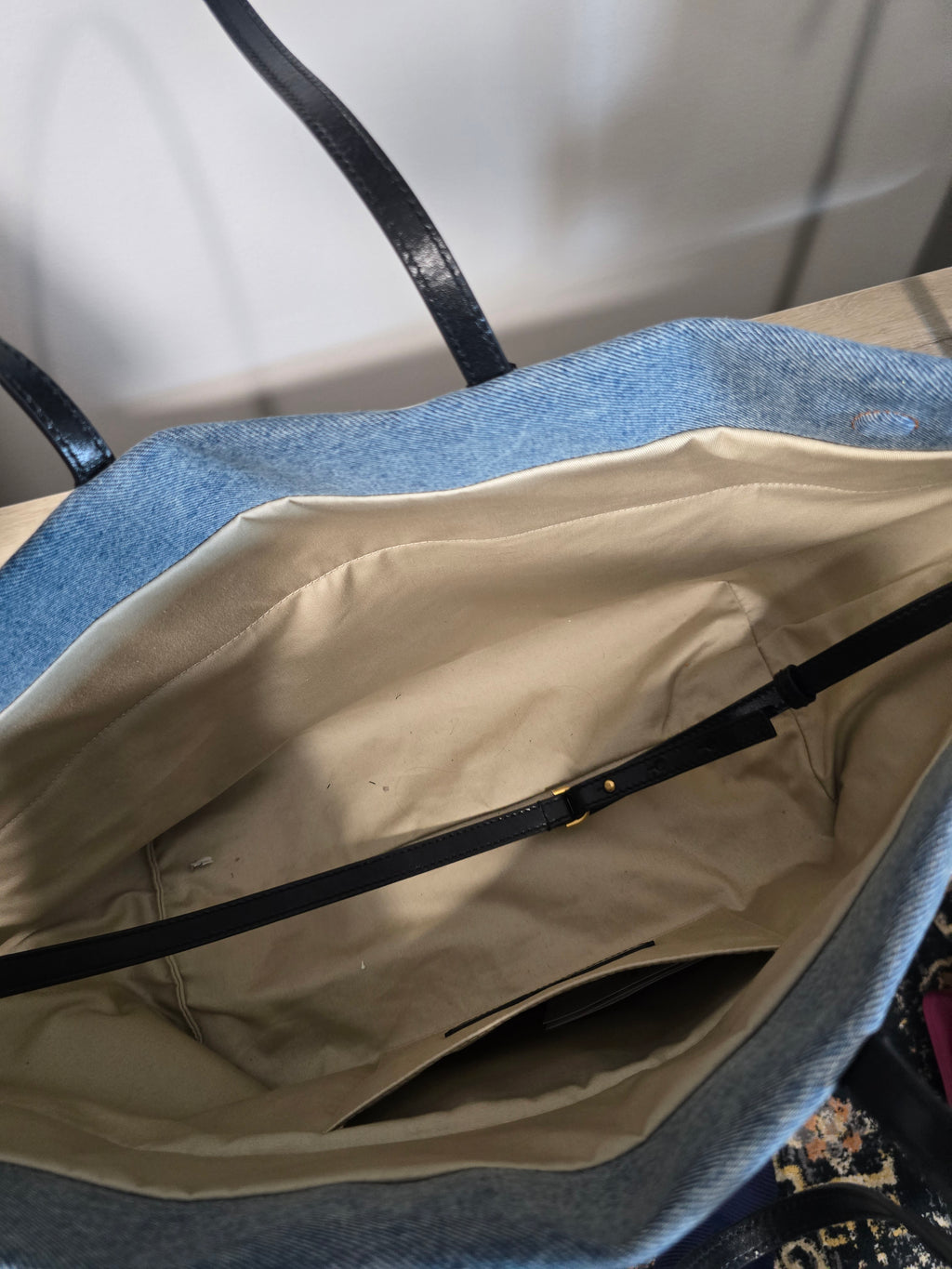 Balmain Paris Blue Denim Track Tote Bag White Letters Black Leather Handles Gold Hardware